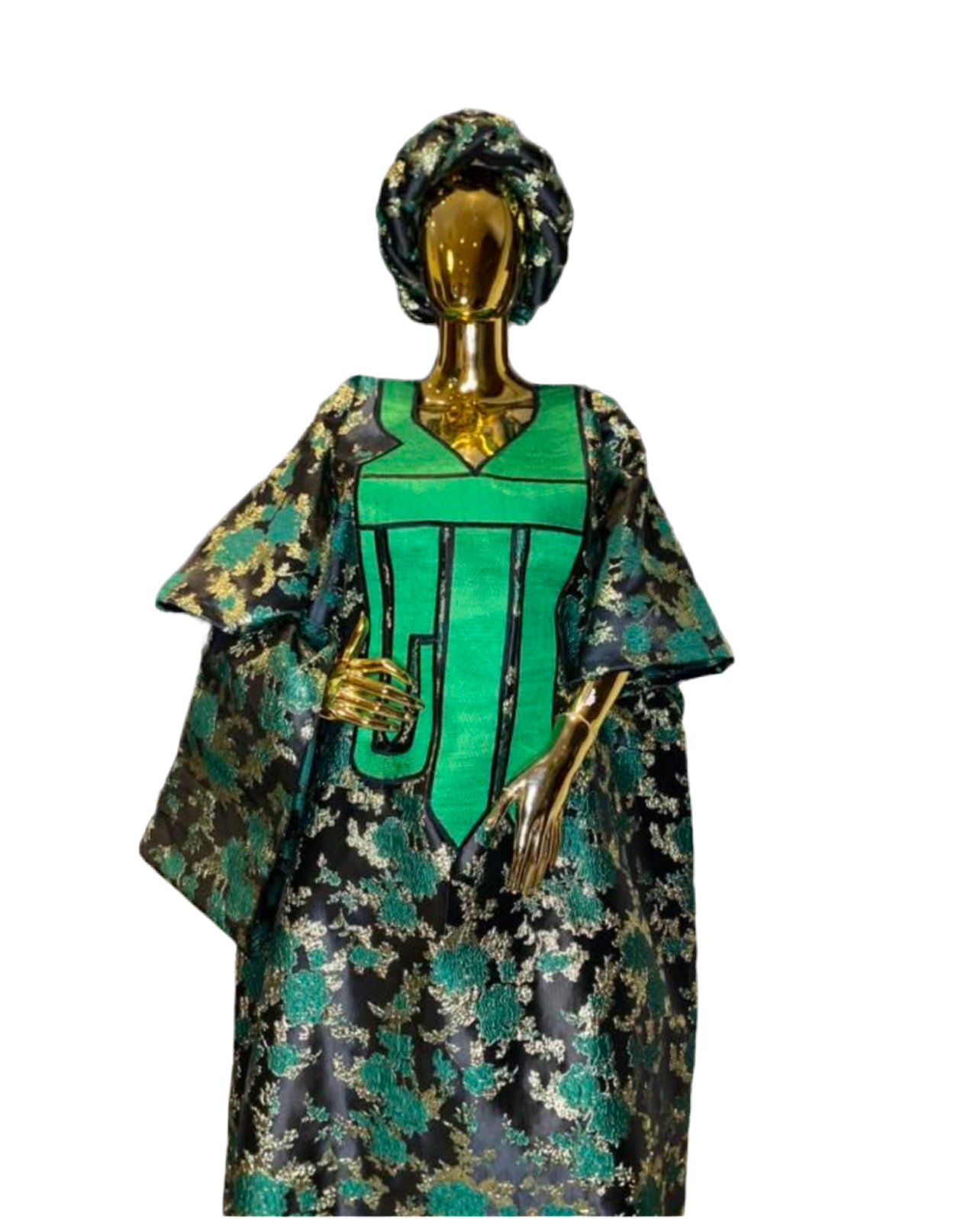 Luxury Embroidered Brocade Bubu Dress โ 3-Piece African Kaftan with Head Wrap & Braided Hair Band, 62โ Long