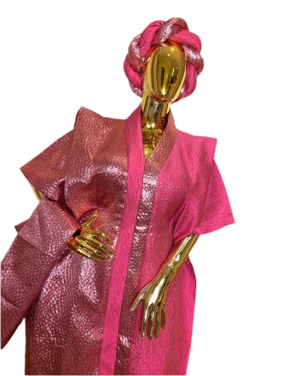 Luxury Pink Brocade Bubu Dress โ 3-Piece African Kaftan with Head Wrap & Braided Hair Band, 62โ Long, Inner Belt