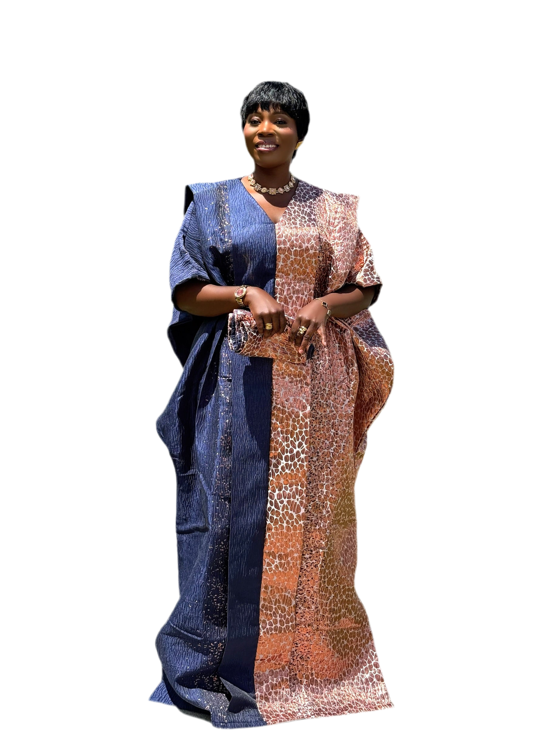 Ombre Brocade Bubu Dress | 62β Long African Kaftan with Inner Belt, Head Scarf, & Side Slits