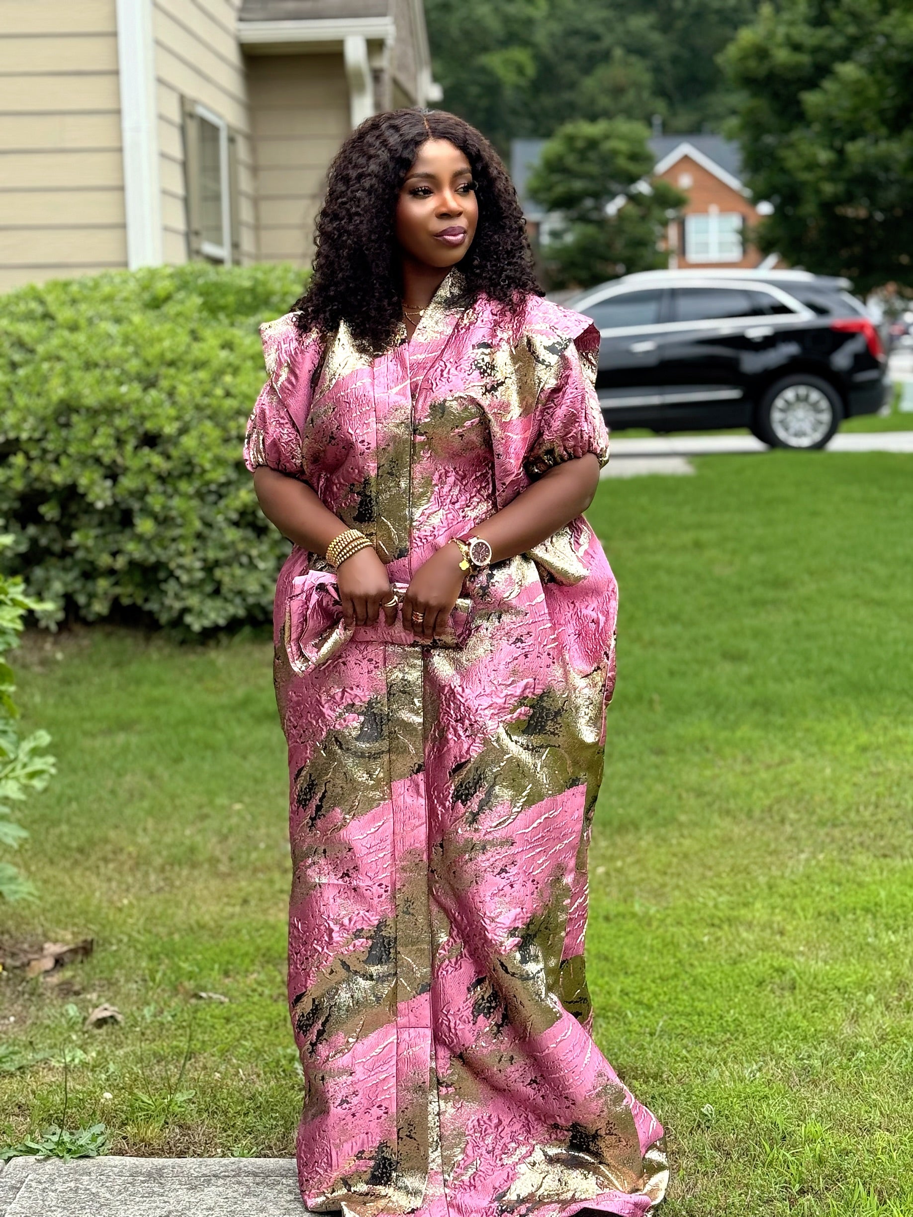 SAMIRA Elegant Brocade Bubu Set โ 65โ Length with Belt, Head Wrap & Scrunchie