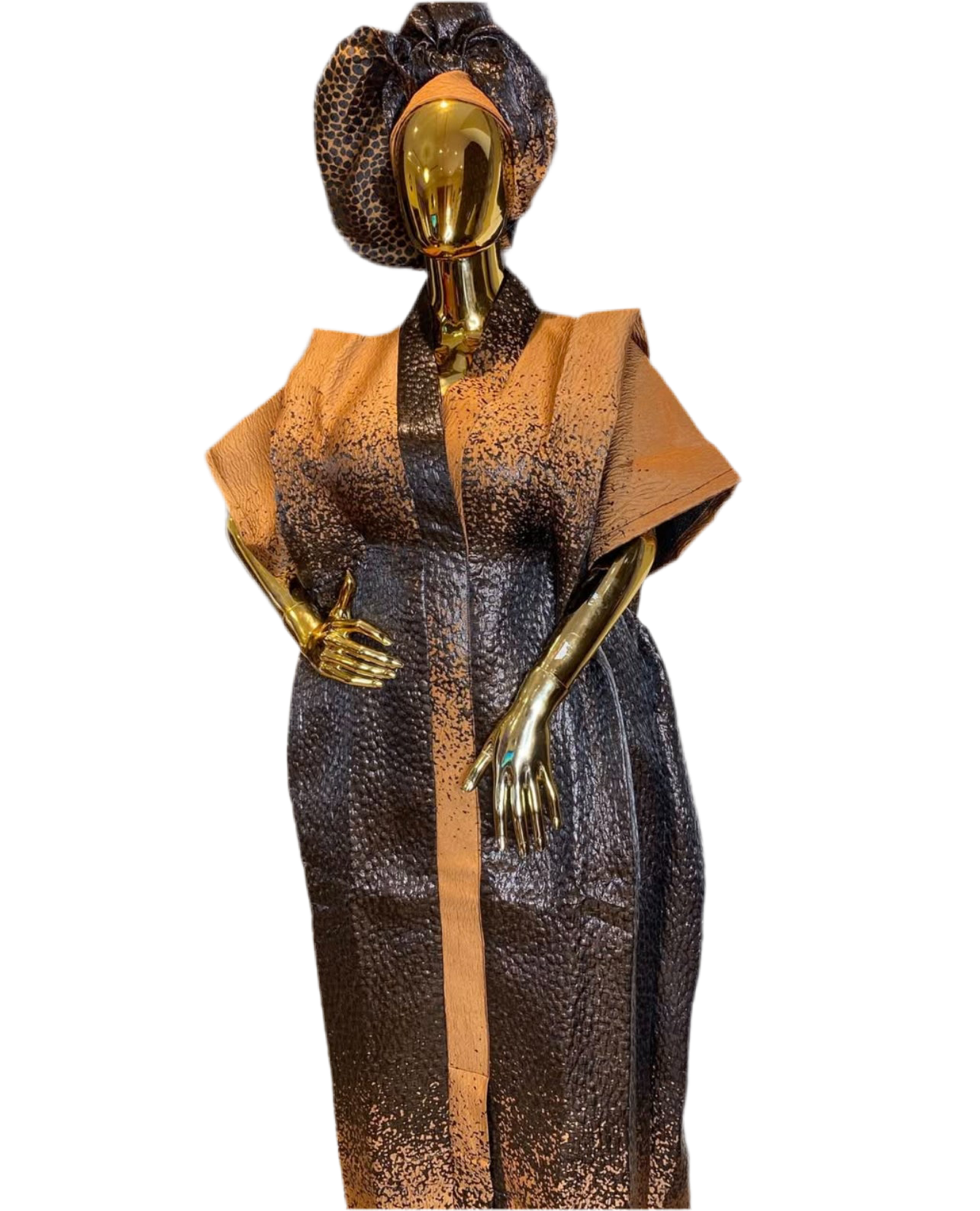 Luxury Brown Brocade Bubu Dress โ 3-Piece African Kaftan with Head Wrap & Braided Hair Band, 62โ Long, Side Pockets, Inner Belt