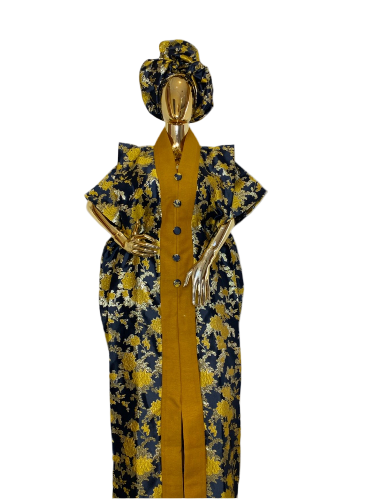 Luxury Black AndGold Brocade Asoke Bubu Dress โ 3-Piece African Kaftan with Head Wrap & Braided Hair Band, 62โ Long, Side Pockets, Inner Belt