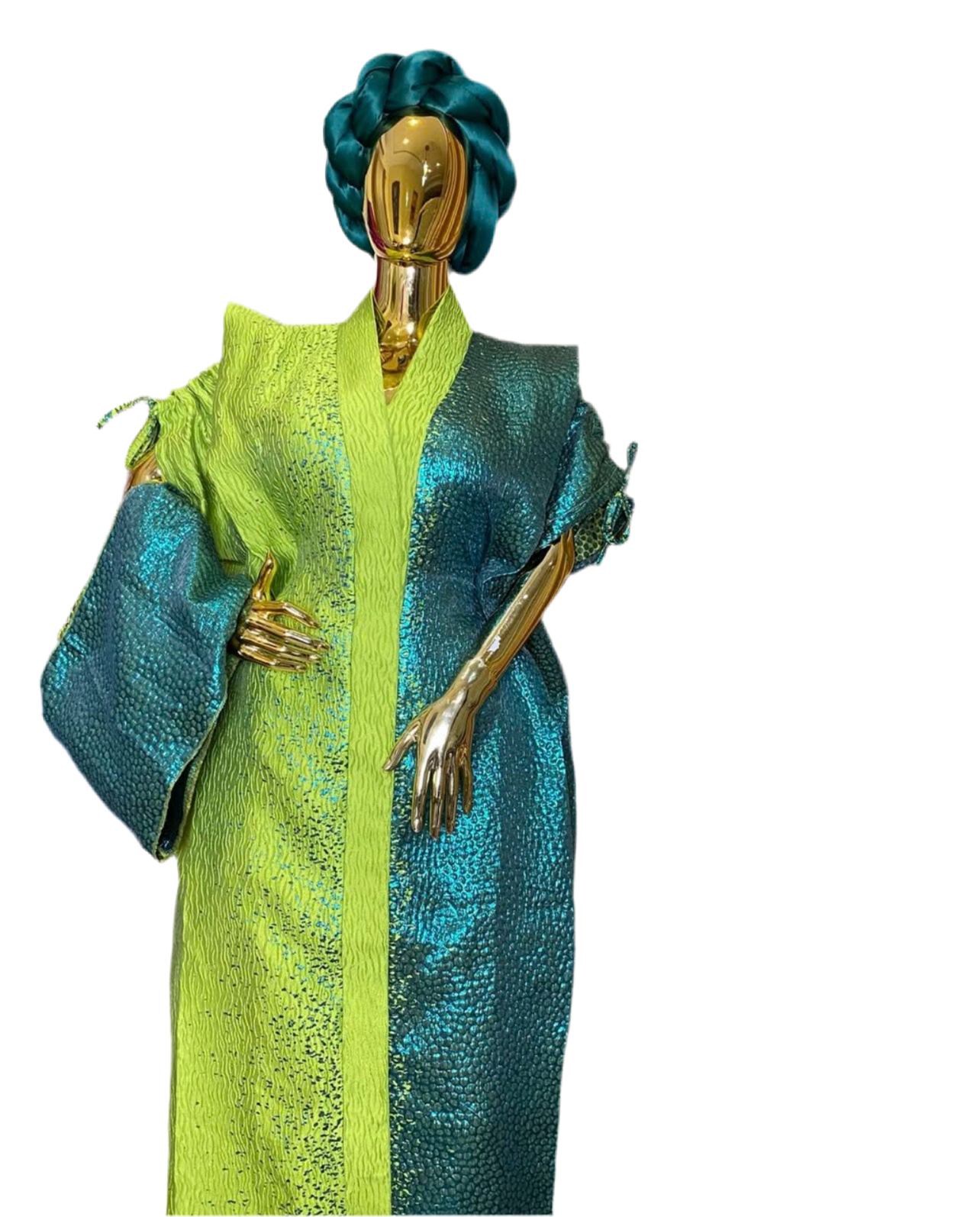 Luxury Green Brocade Bubu Dress โ 3-Piece African Kaftan with Head Wrap & Braided Hair Band, 62โ Long, Side Pockets, Inner Belt