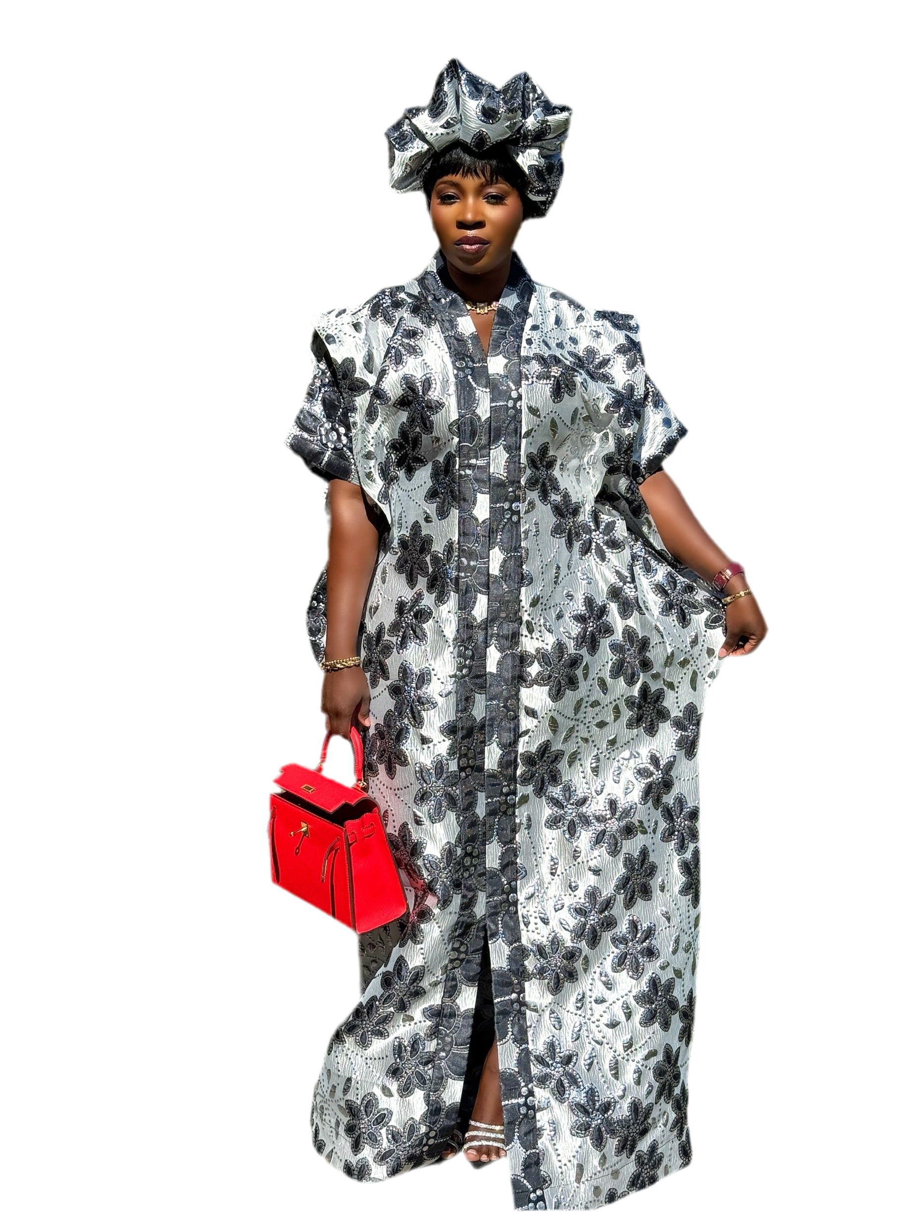 Sakina Brocade 3-Piece Bubu Set with Head Wrap & Scrunchie