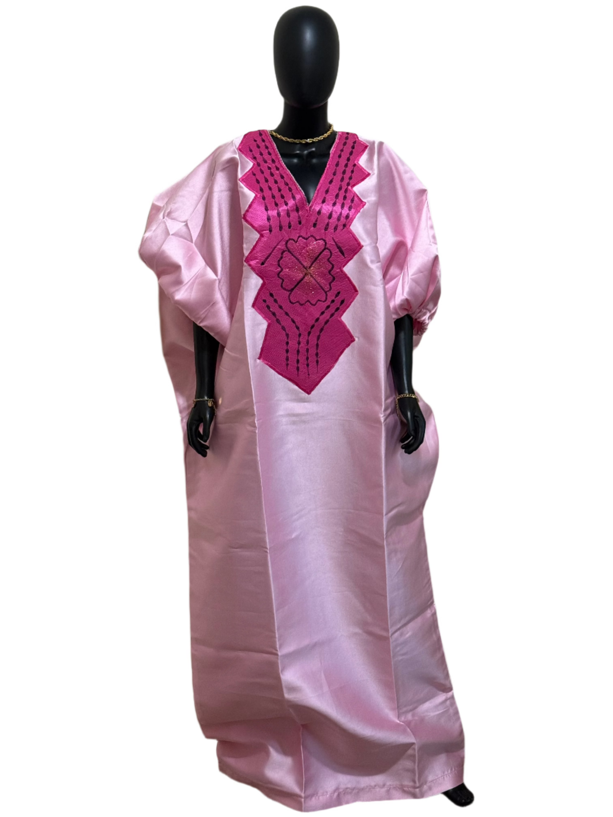 MARA Luxury Mikado Bubu Gown with Puff Sleeves & Embroidered Neckline – 65” + Head Wrap
