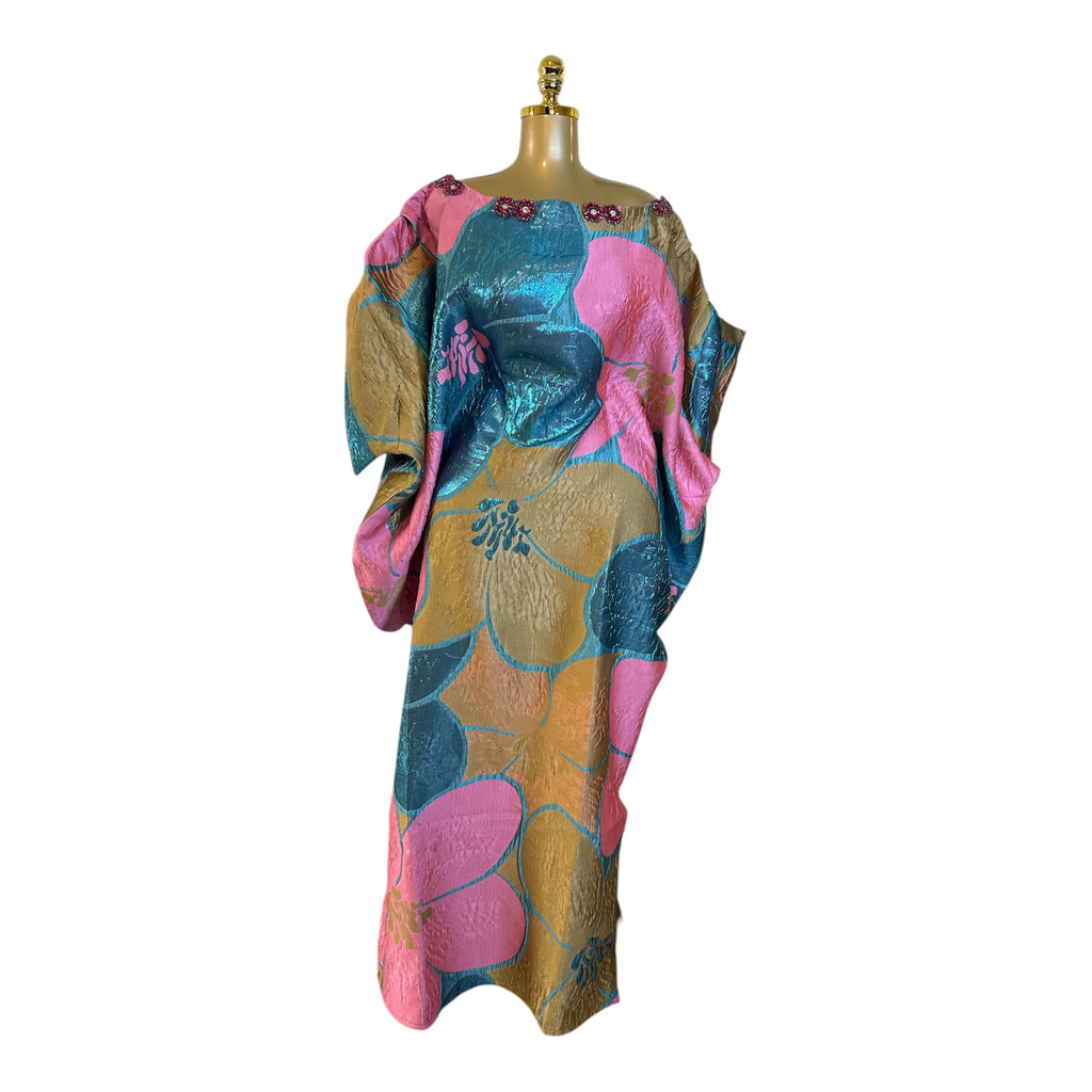 Luxury Off-Shoulder Brocade Boubou Dress with Embellished Neckline – One Size, Full Length 62