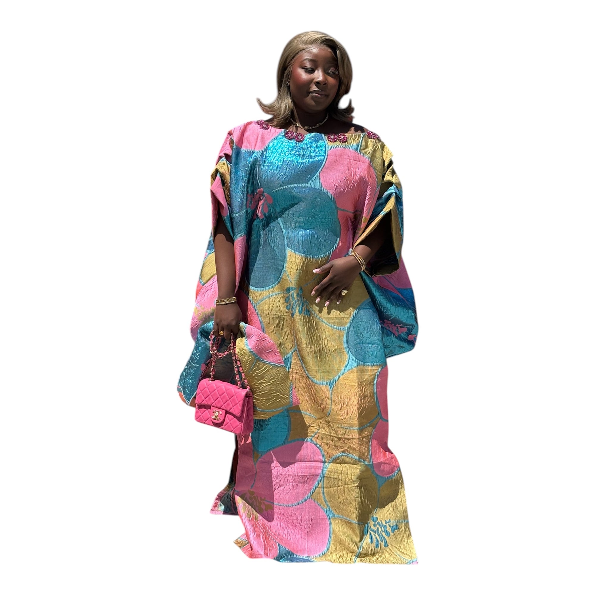 Luxury Off-Shoulder Brocade Boubou Dress with Embellished Neckline – One Size, Full Length 62