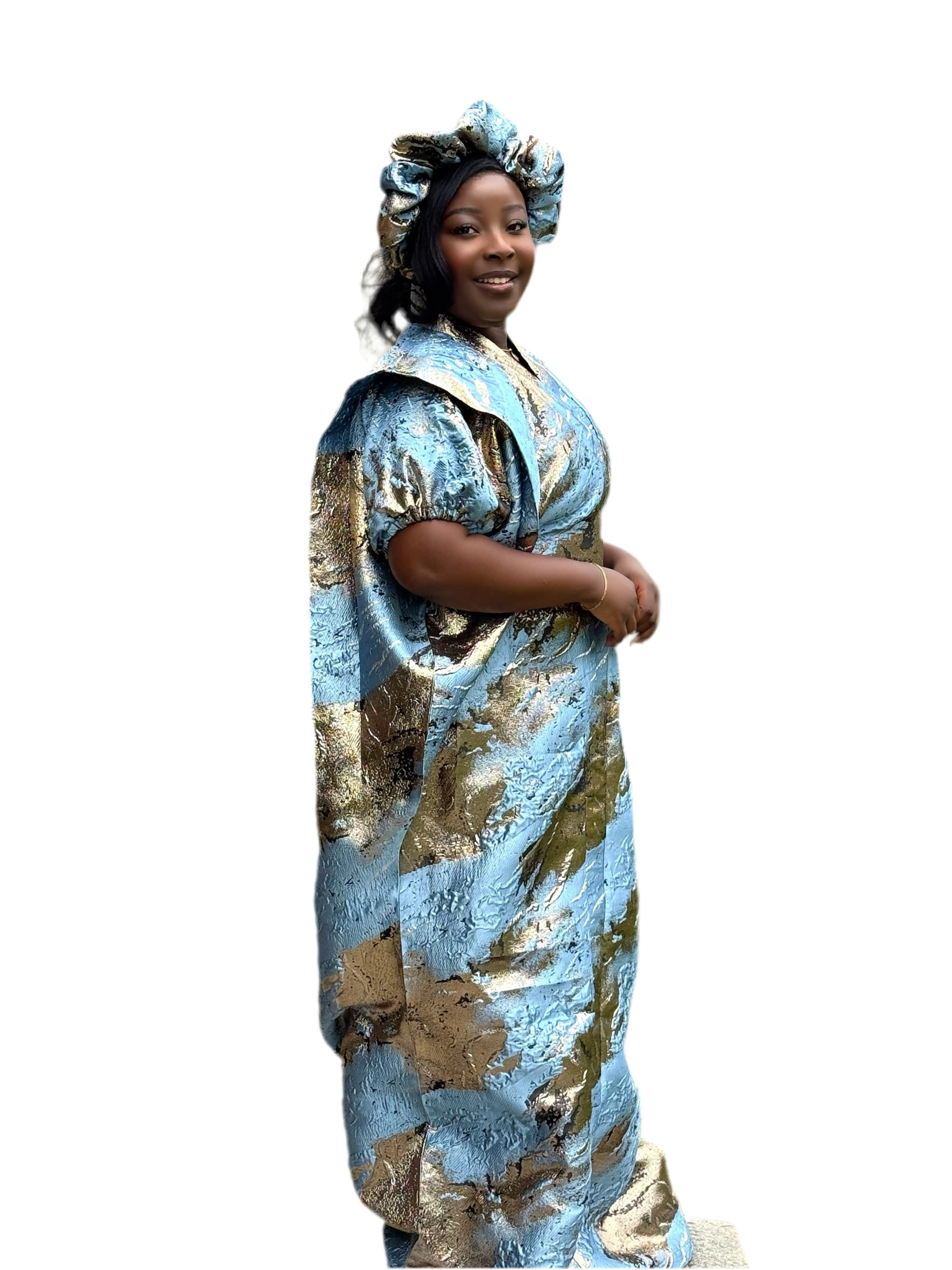 SAMIRA Elegant Brocade Bubu Set – 65” Length with Belt, Head Wrap & Scrunchie