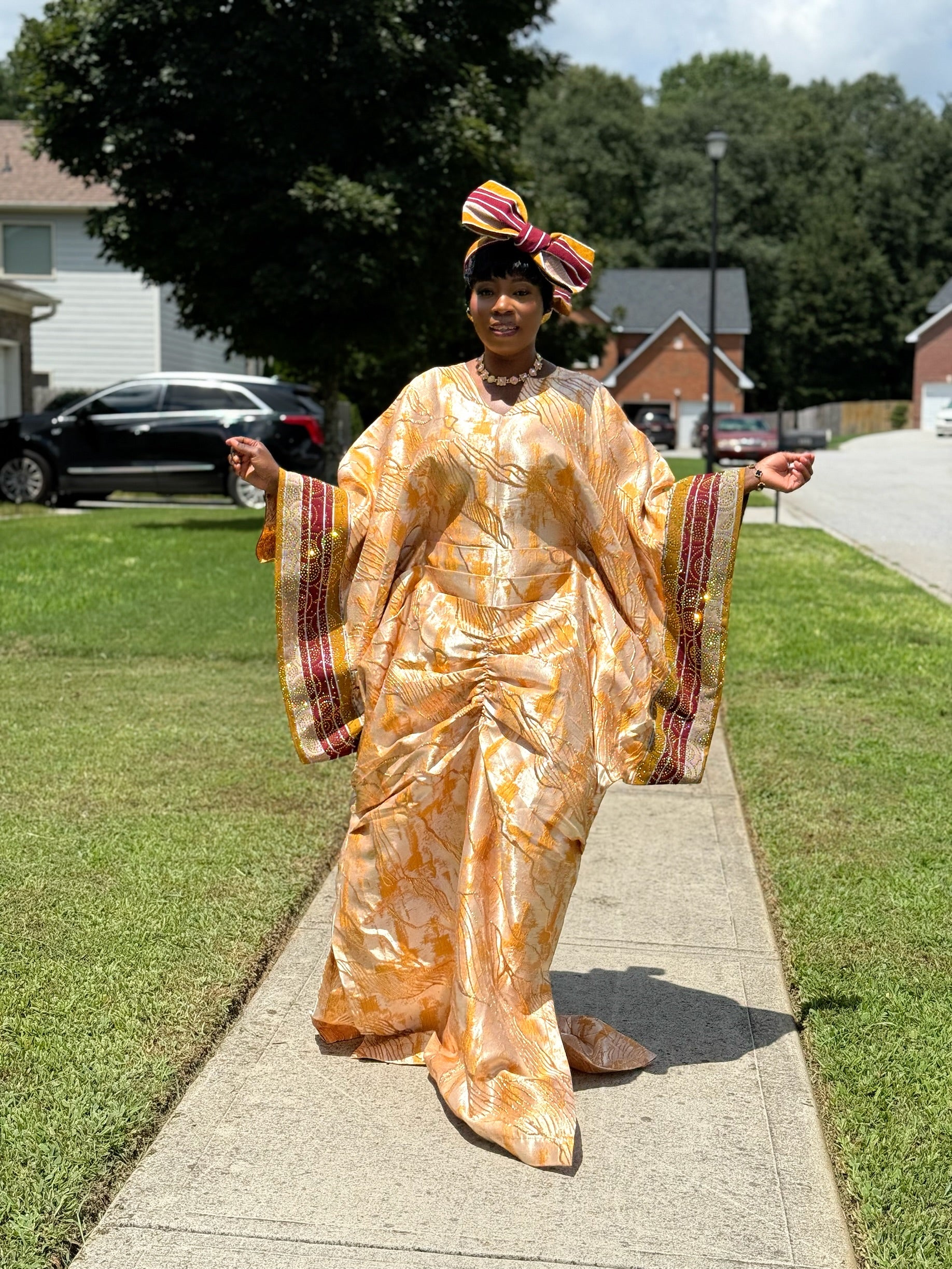 Omotola Luxe Bubu – Brocade Elegance with Beaded Aso-Oke Sleeves & Headpiece