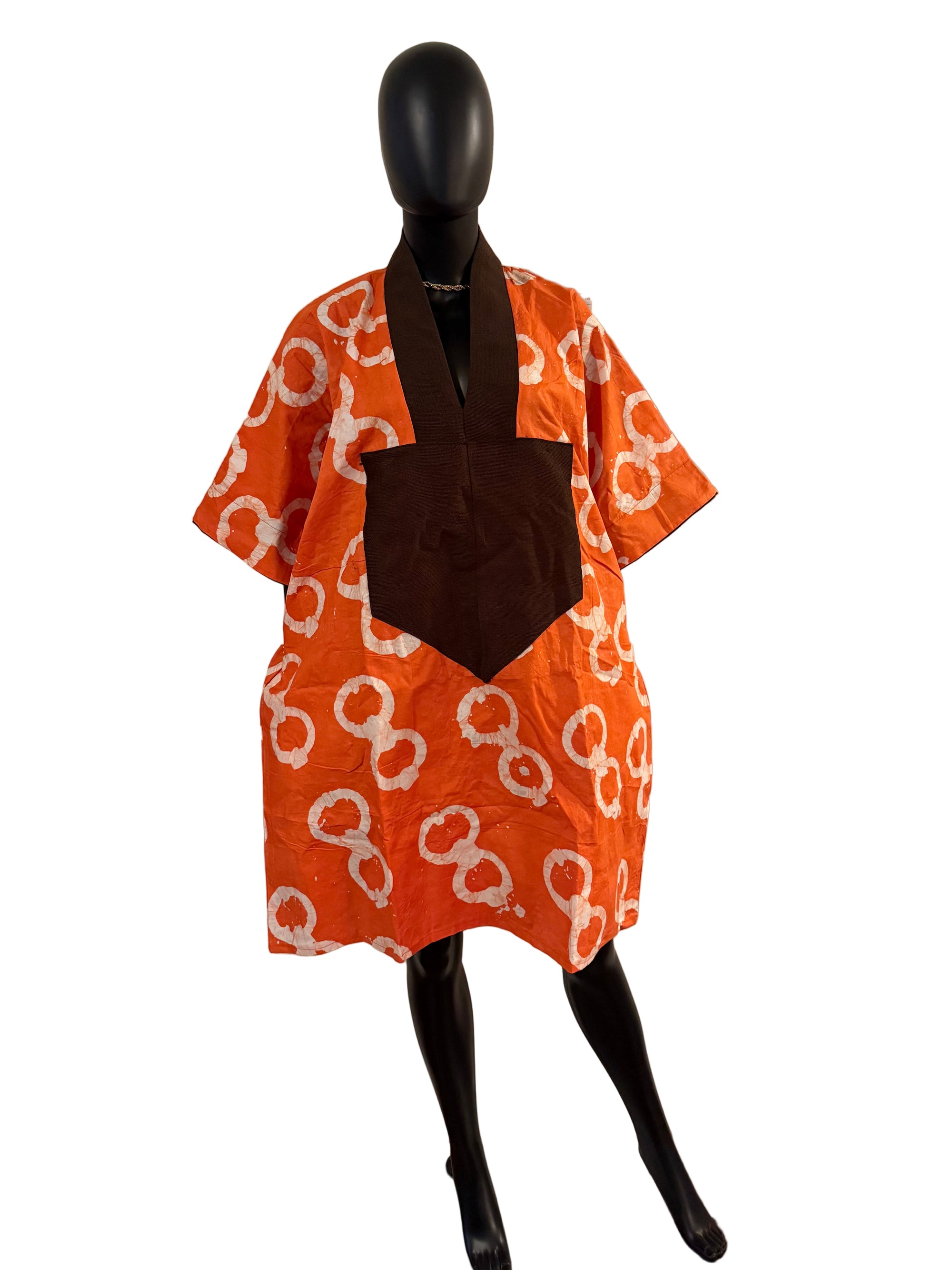 Chic Short Bubu Adire Dress with Aso Oke Detail – One Size, 100% Cotton