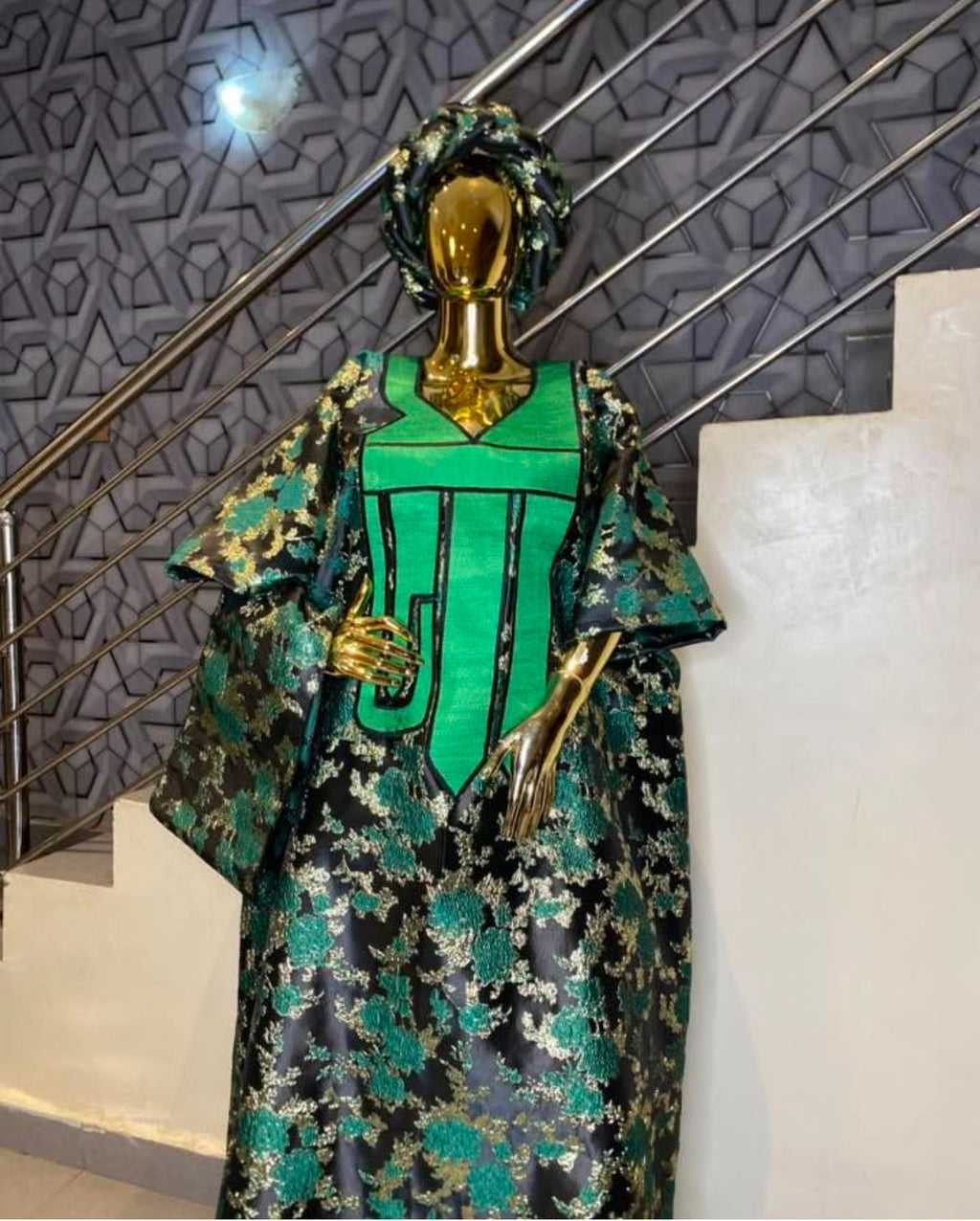 Luxury Embroidered Brocade Bubu Dress – 3-Piece African Kaftan with Head Wrap & Braided Hair Band, 62” Long