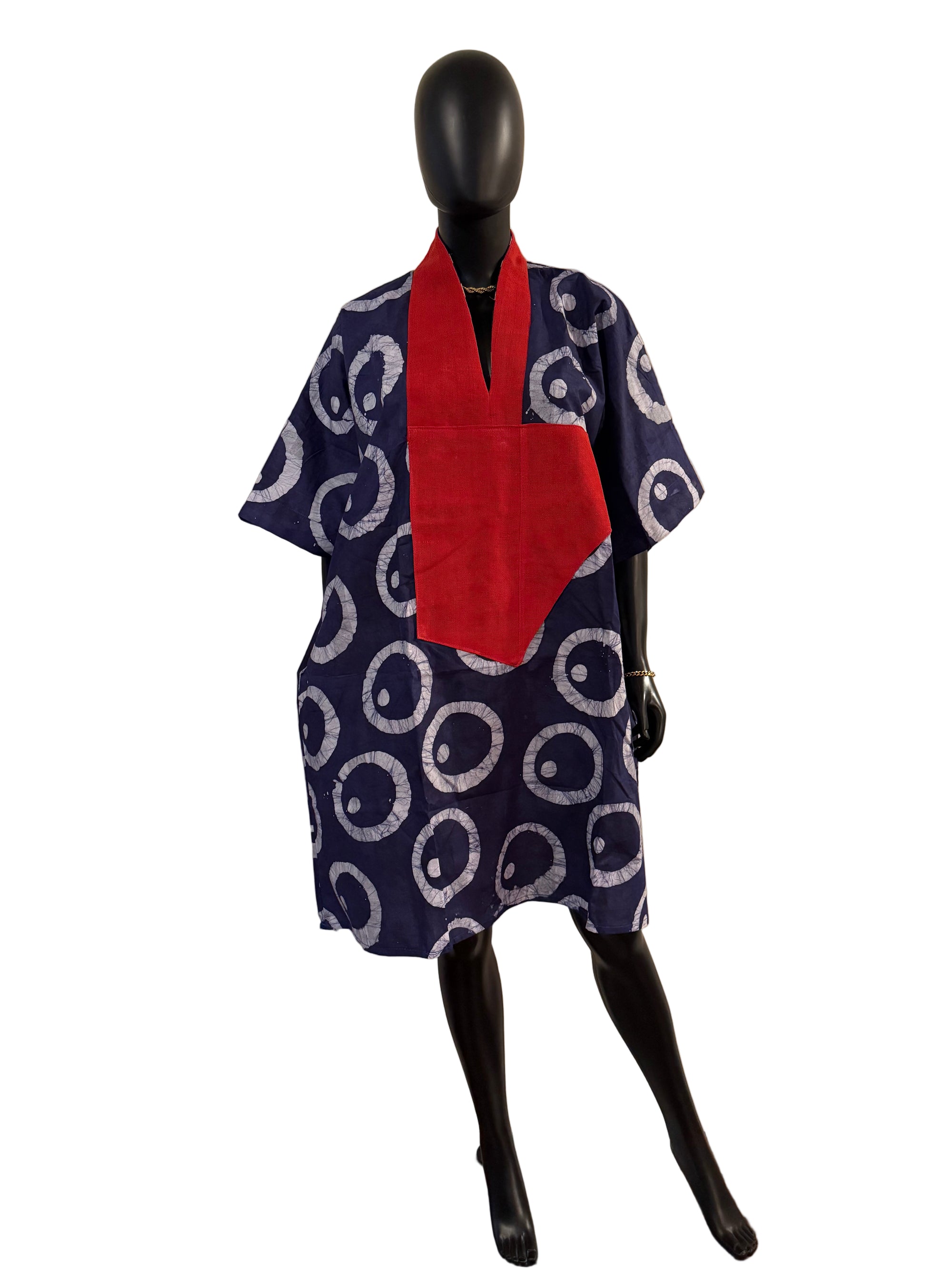 Chic Short Bubu Adire Dress with Aso Oke Detail – One Size, 100% Cotton