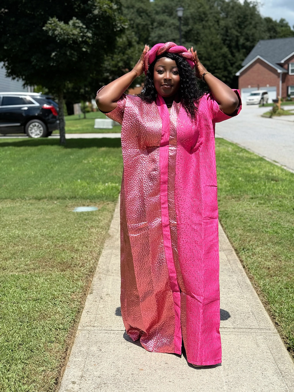 Luxury Pink Brocade Bubu Dress – 3-Piece African Kaftan with Head Wrap & Braided Hair Band, 62” Long, Inner Belt