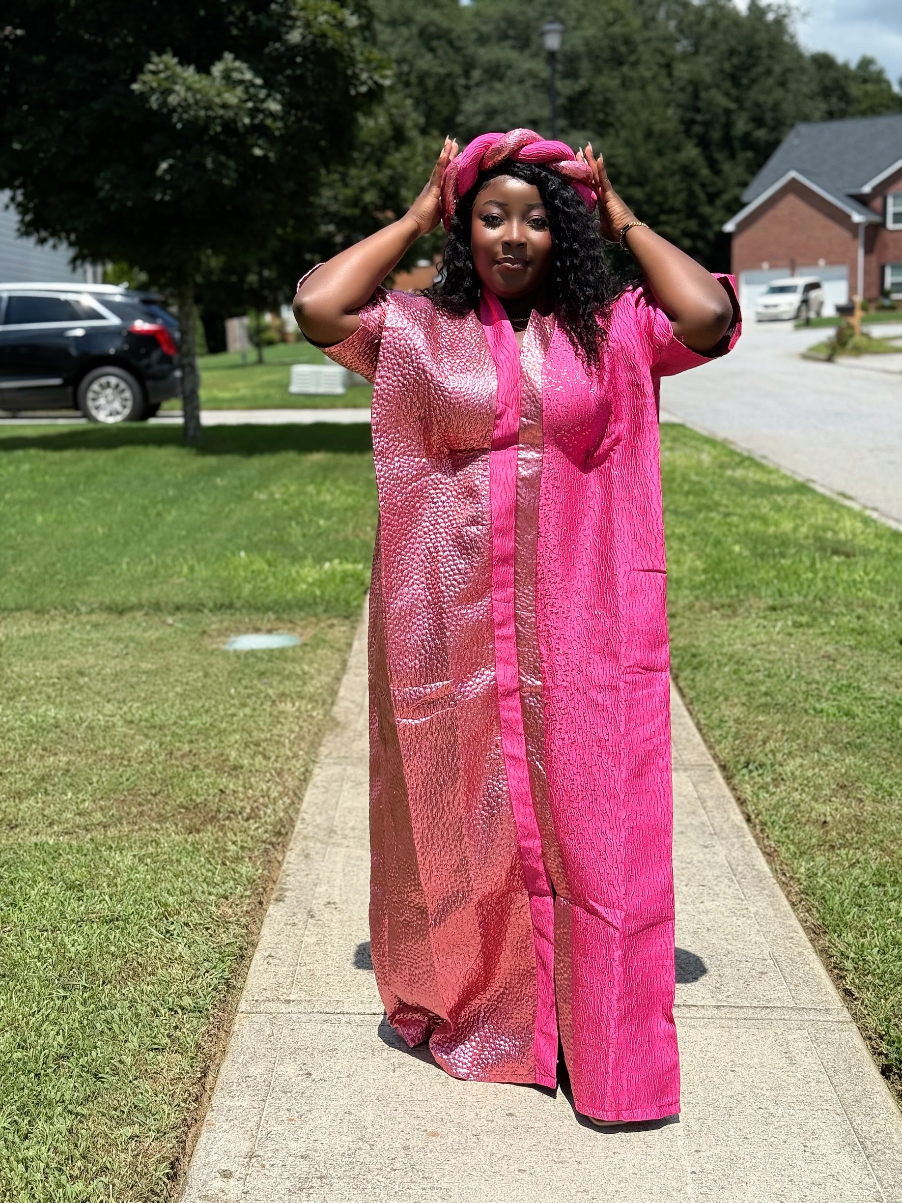 Luxury Pink Brocade Bubu Dress – 3-Piece African Kaftan with Head Wrap & Braided Hair Band, 62” Long, Inner Belt