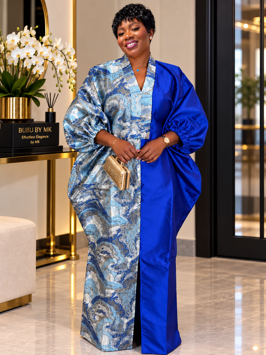 Luxury Two-Tone Mikado & Brocade Bubu Dress | Elegant African Kaftan | One Size Fits All