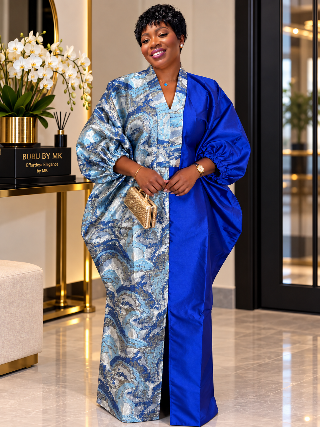 Luxury Two-Tone Mikado & Brocade Bubu Dress | Elegant African Kaftan | One Size Fits All