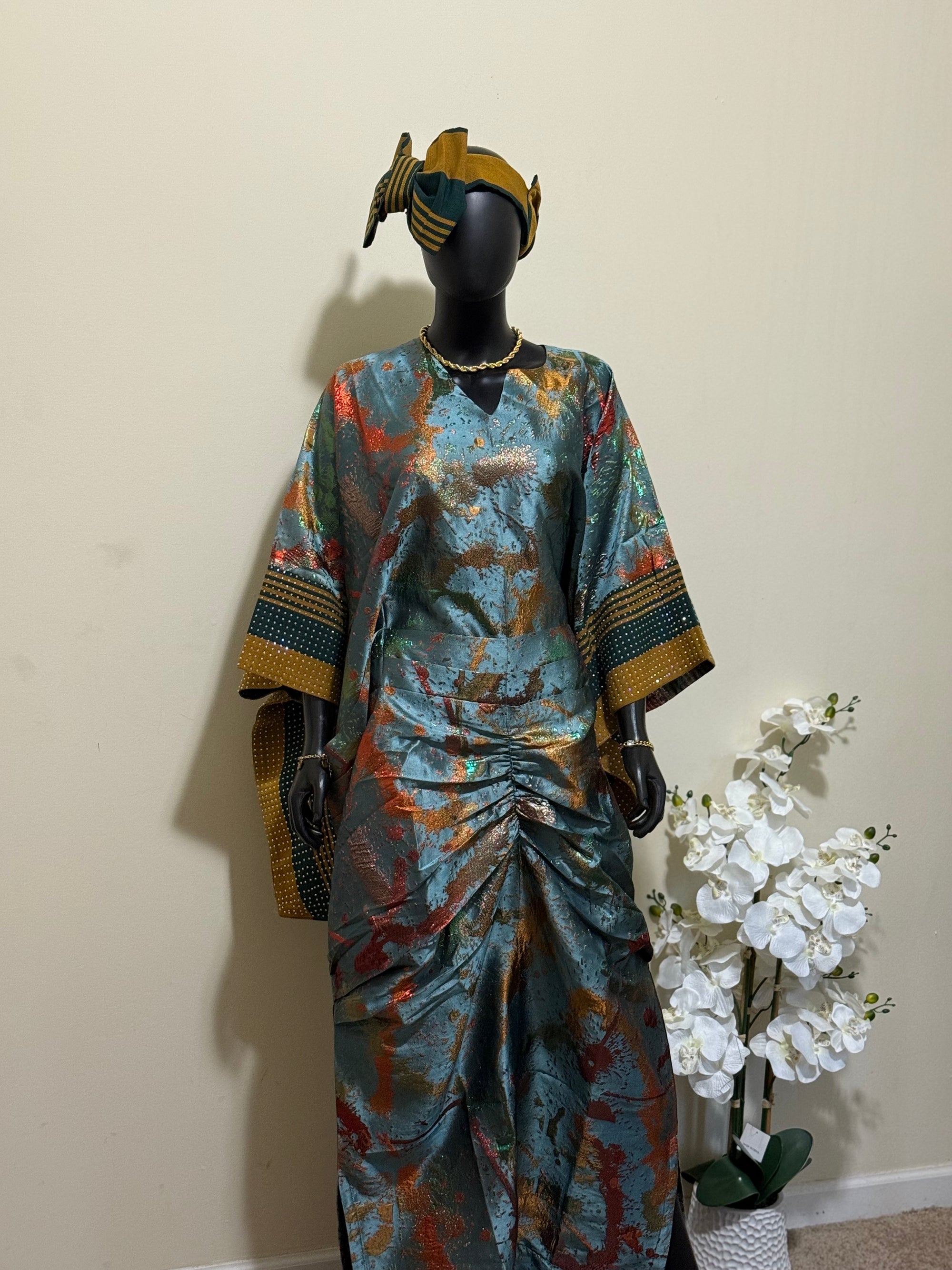 Omotola Luxe Bubu – Brocade Elegance with Beaded Aso-Oke Sleeves & Headpiece