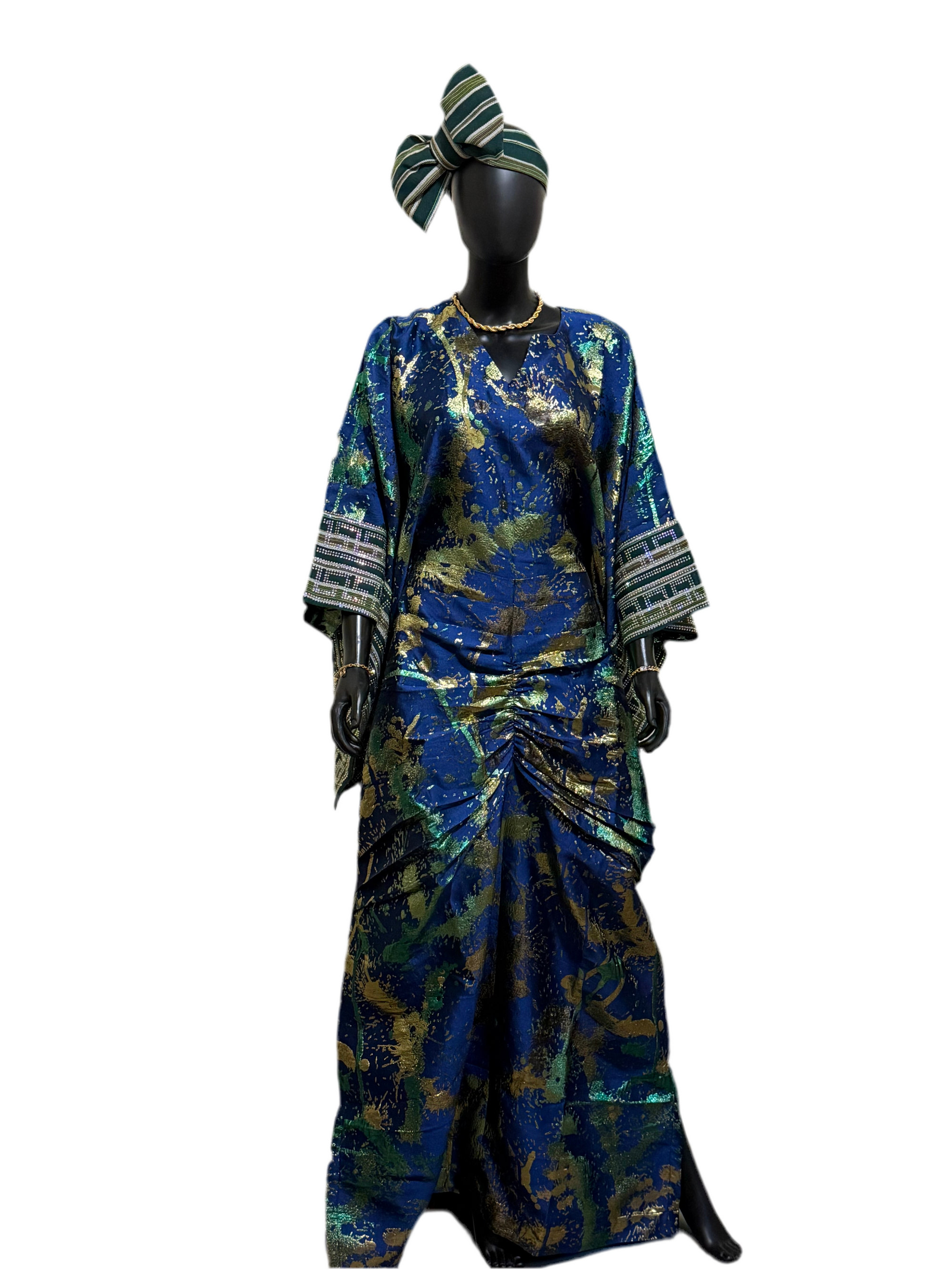 Omotola Luxe Bubu – Brocade Elegance with Beaded Aso-Oke Sleeves & Headpiece