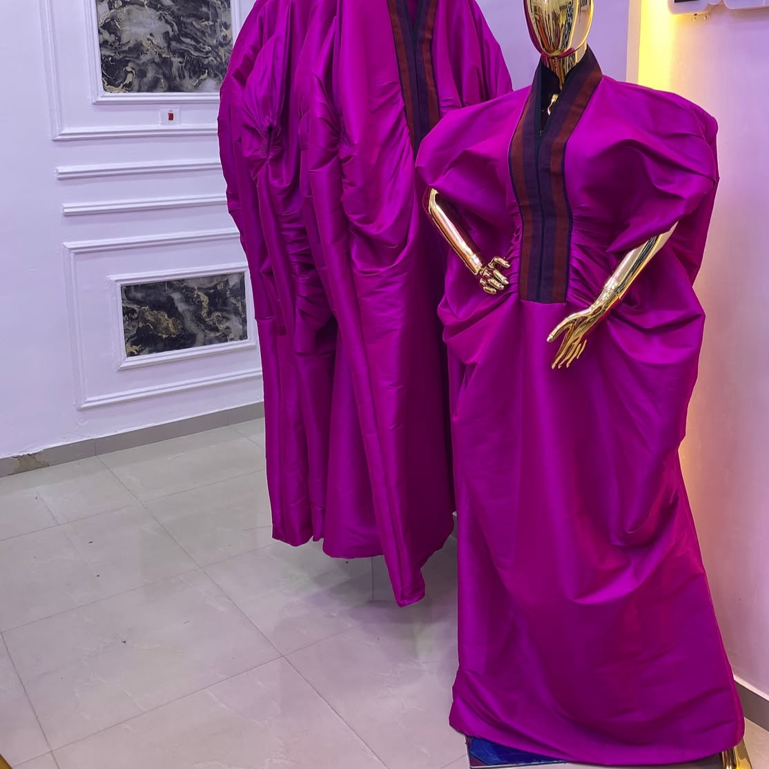 Regal Raw Silk Bubu with Aso Oke Neckline – 65 Inches + Head Scarf