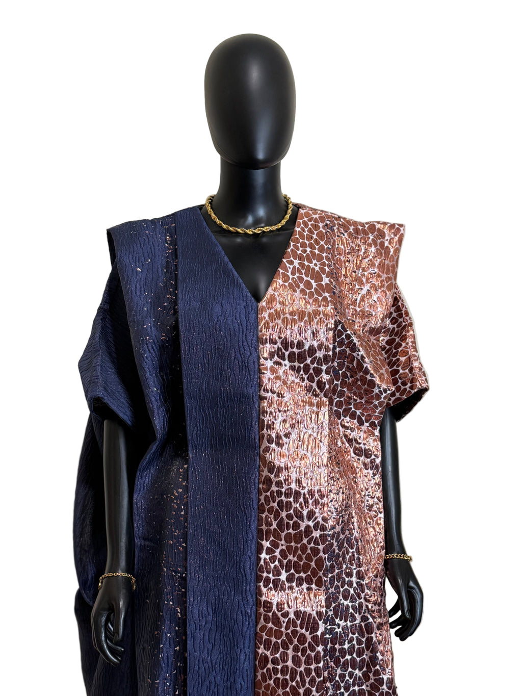 Ombre Brocade Bubu Dress | 62” Long African Kaftan with Inner Belt, Head Scarf,  & Side Slits