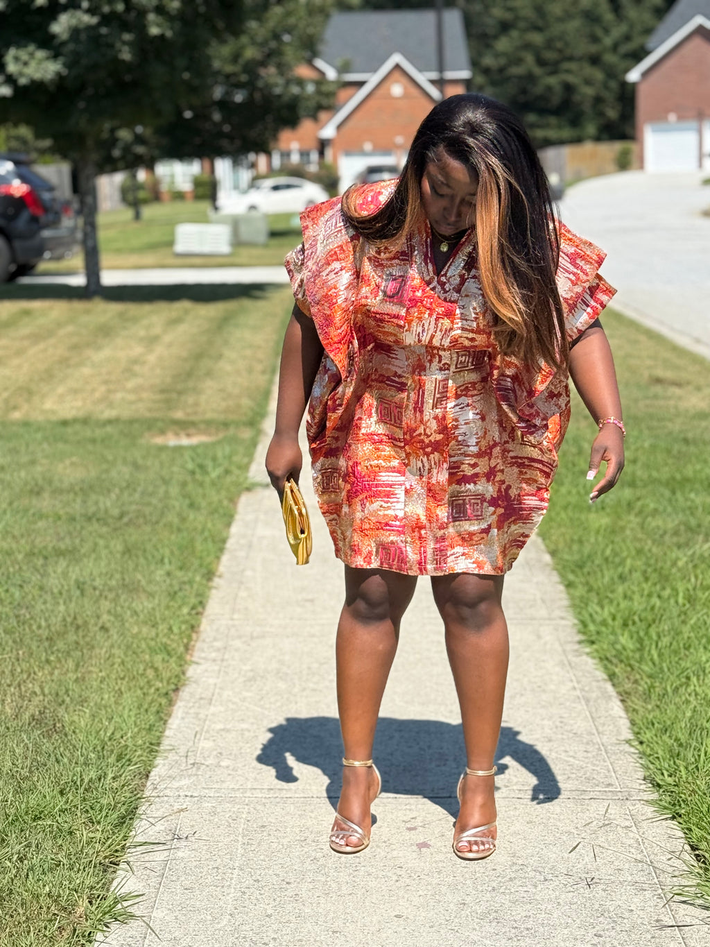 Chic Brocade Short Bubu with Hidden Belt & Head Wrap