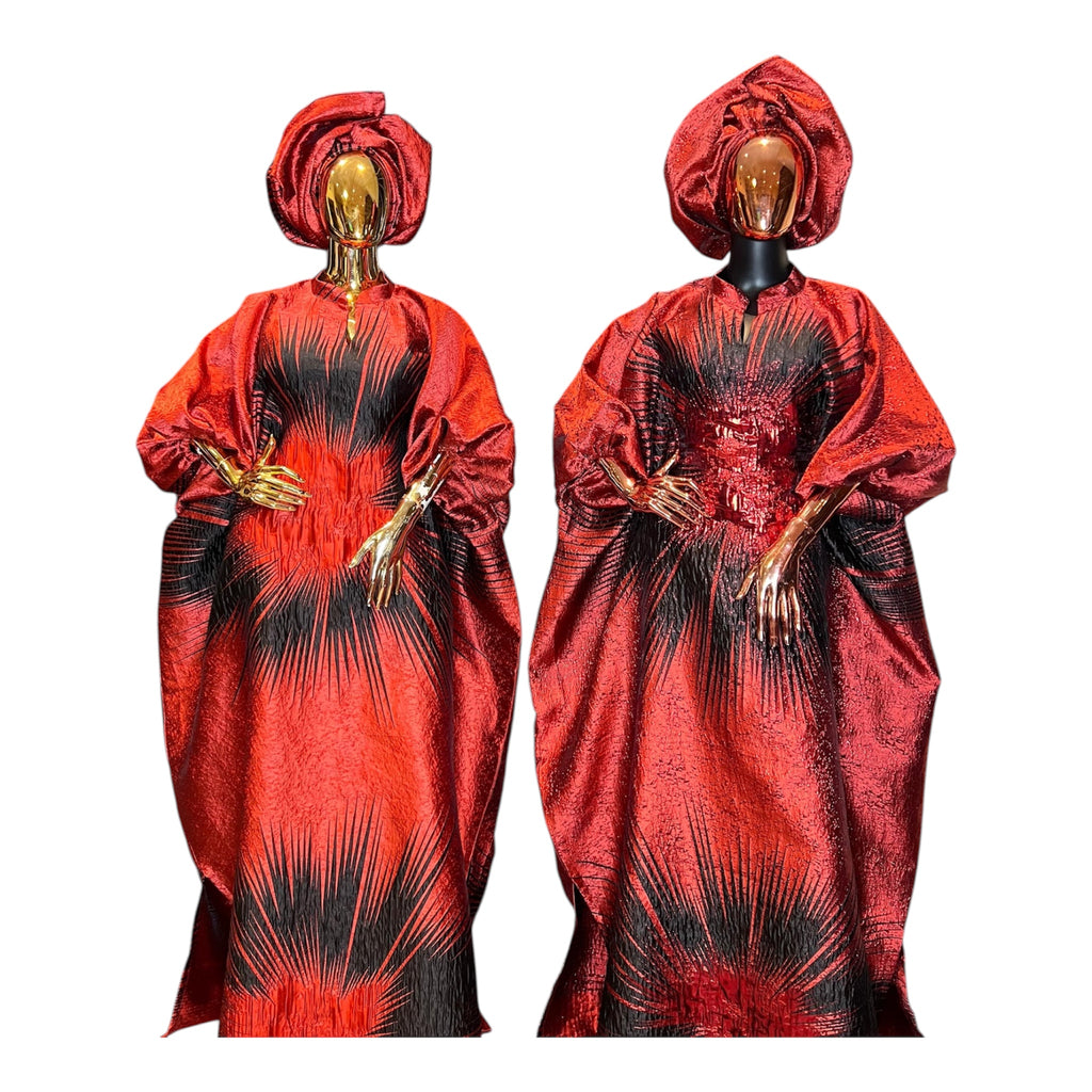 Regal Bloom Brocade Bubu Set 62” Luxury Kaftan with Head Wrap & Inner Belt