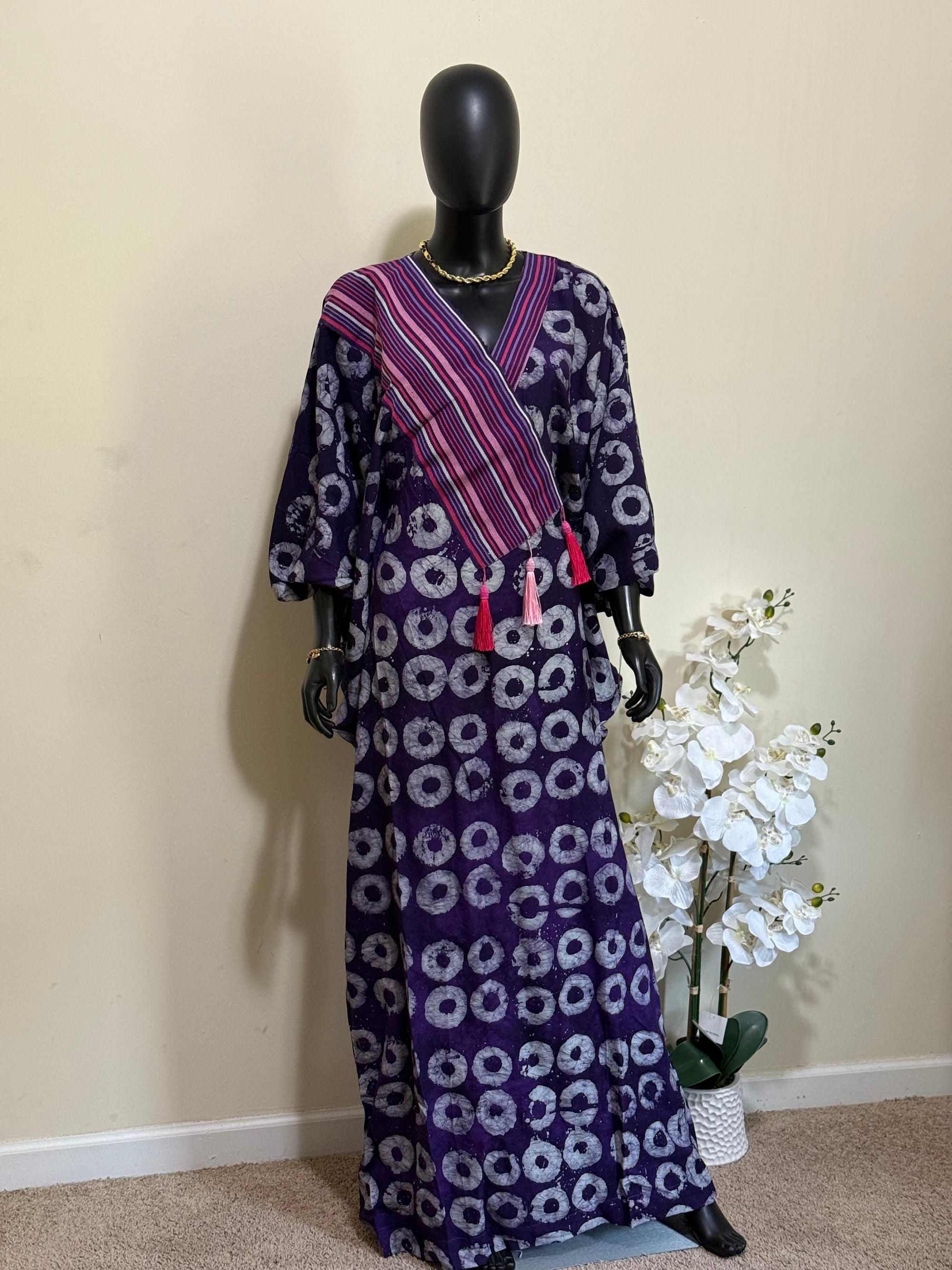 Elegant Cotton Adire Bubu with Asoke Neckline Design – 62” with Scarf