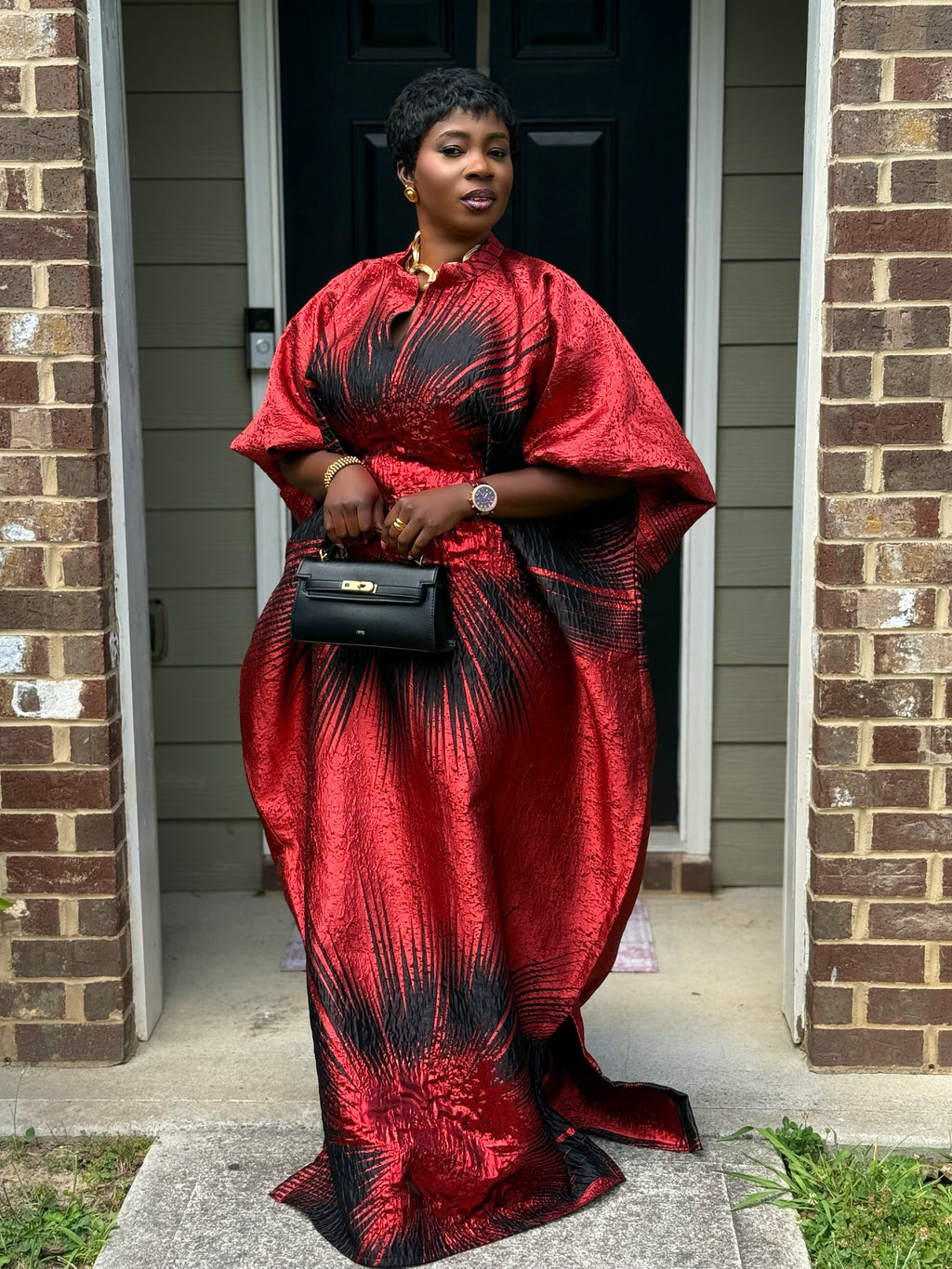 Regal Bloom Brocade Bubu Set 62” Luxury Kaftan with Head Wrap & Inner Belt