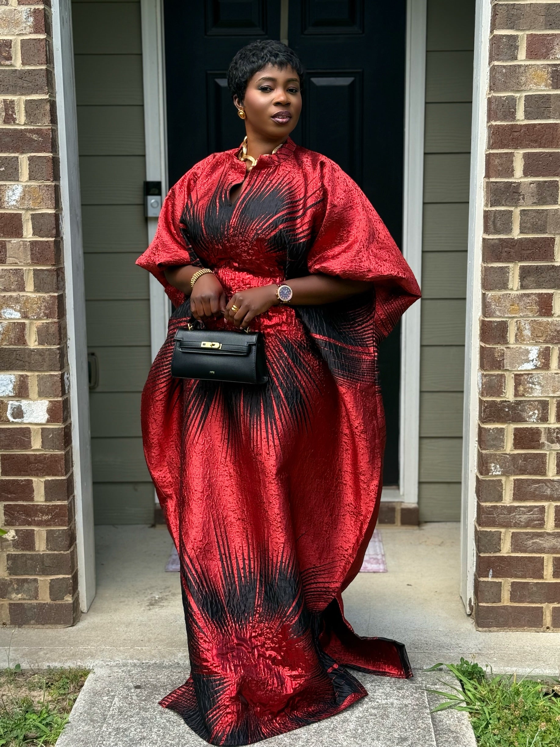 Regal Bloom Brocade Bubu Set 62” Luxury Kaftan with Head Wrap & Inner Belt