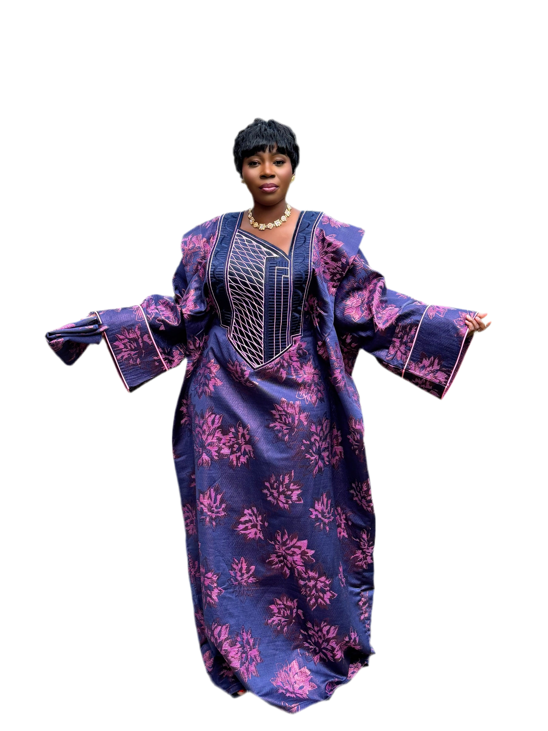 Luxury Embroidered Full-Sleeve Bubu with Head Wrap – 65” Length