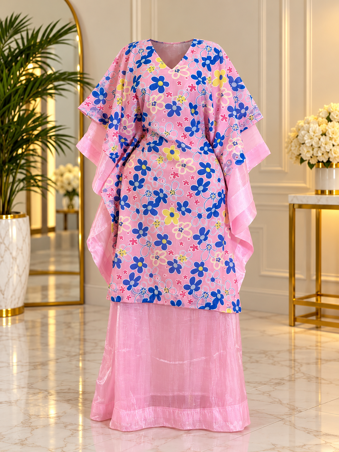 Pink Organza Overlay boubou Luxury Boubou Kaftan Dress