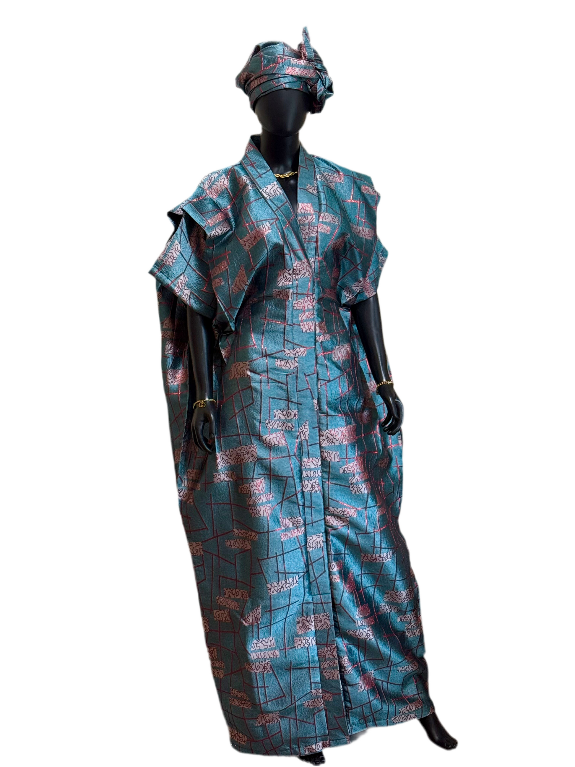 SOPHIA Elegant Teal & Rose Bubu Set with Head Wrap