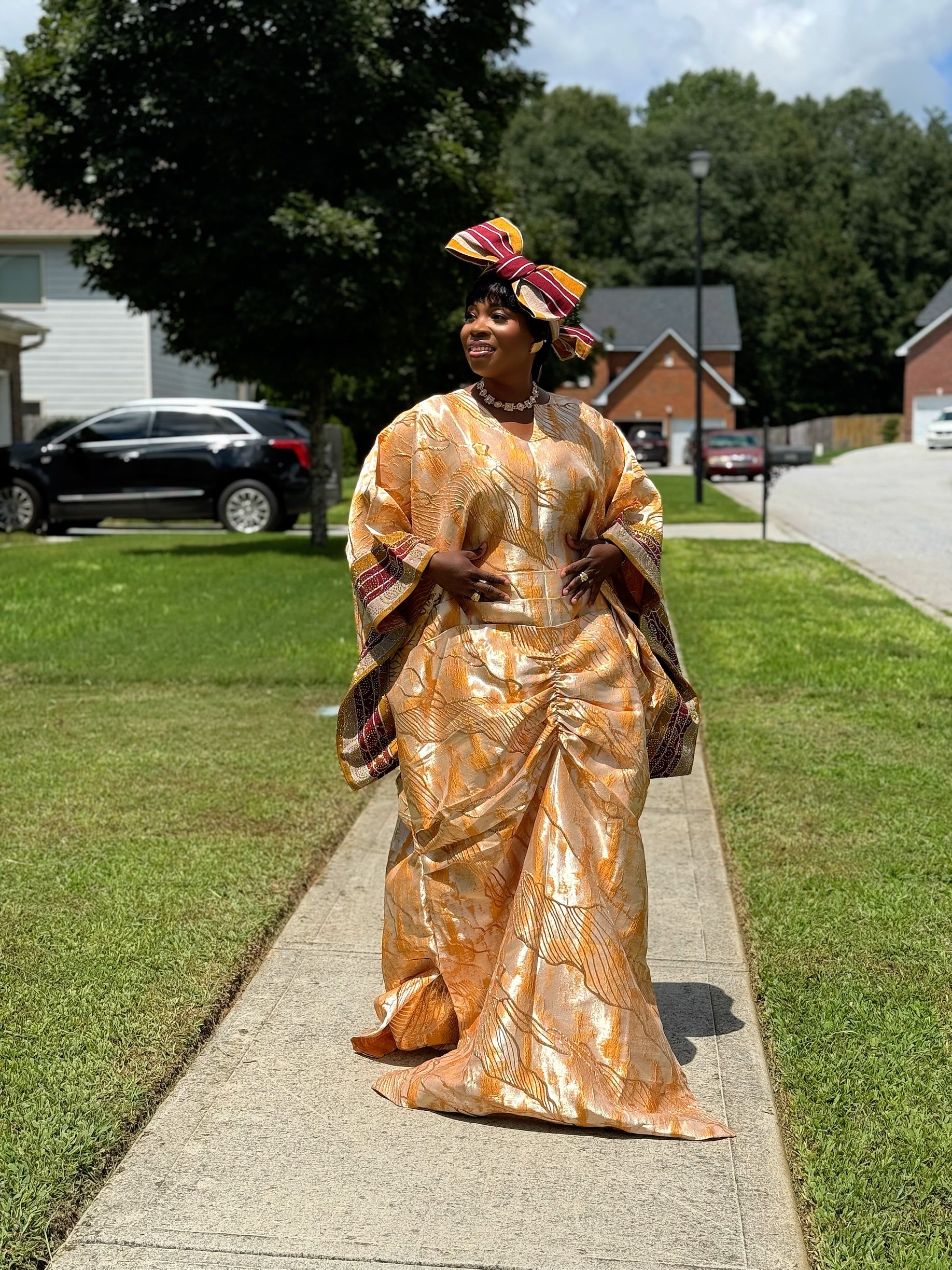 Omotola Luxe Bubu – Brocade Elegance with Beaded Aso-Oke Sleeves & Headpiece
