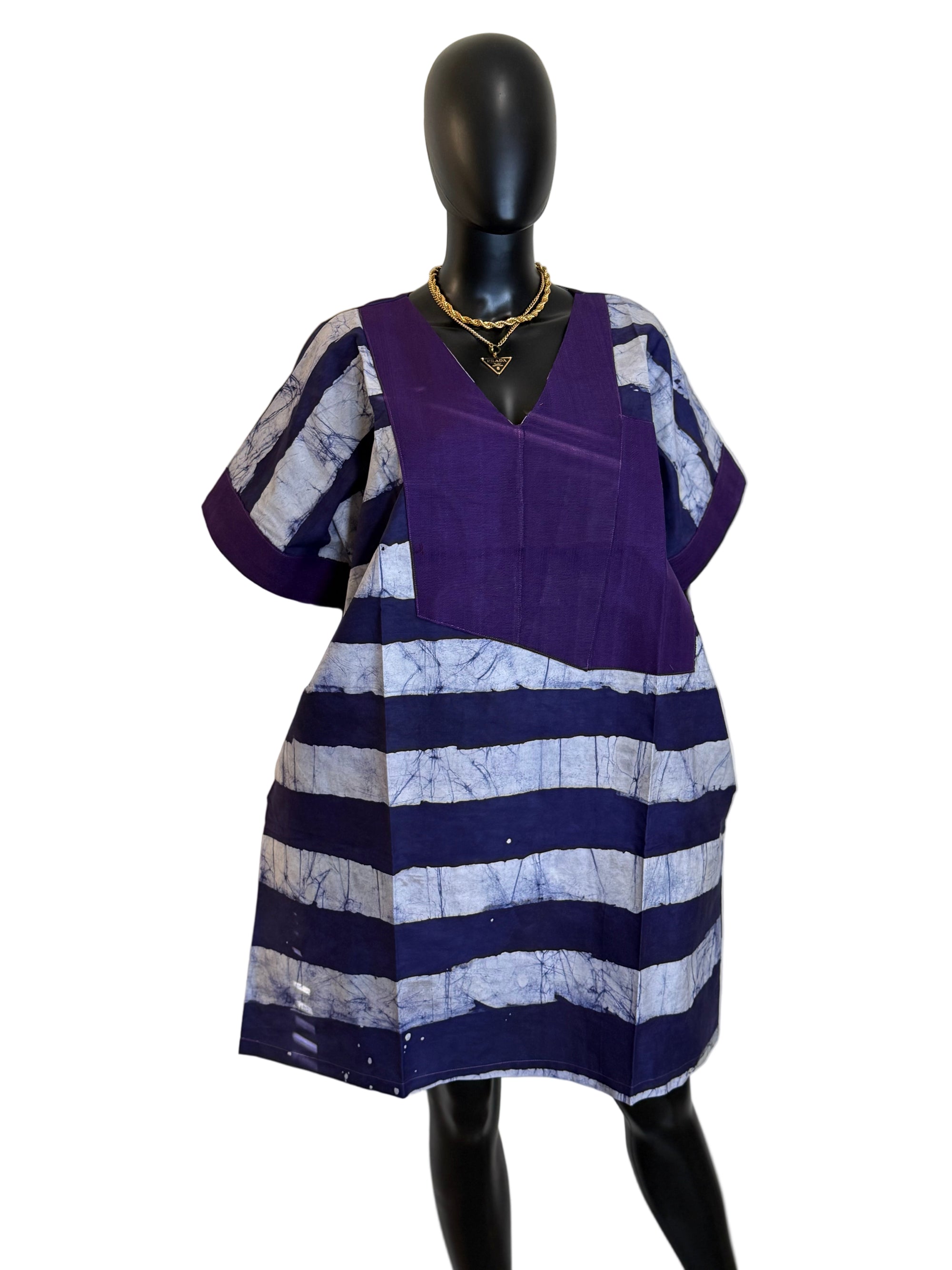 Chic Short Bubu Adire Dress with Aso Oke Detail – One Size, 100% Cotton