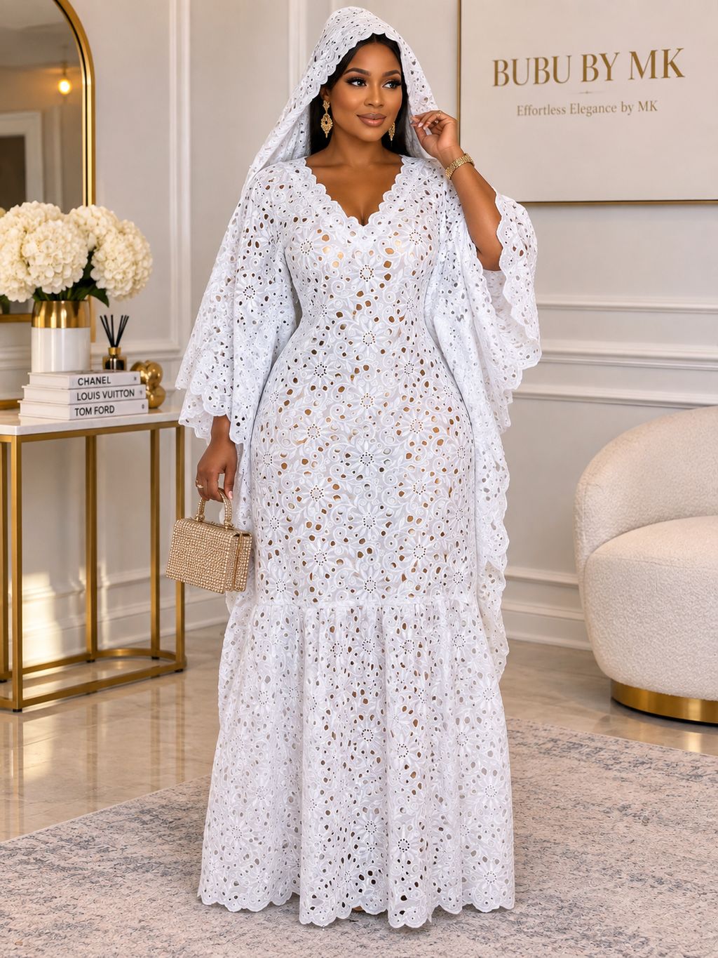 White Lace Bubu Dress with Head Wrap & Inner Belt