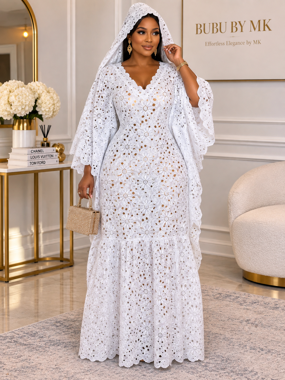 White Lace Bubu Dress with Head Wrap & Inner Belt