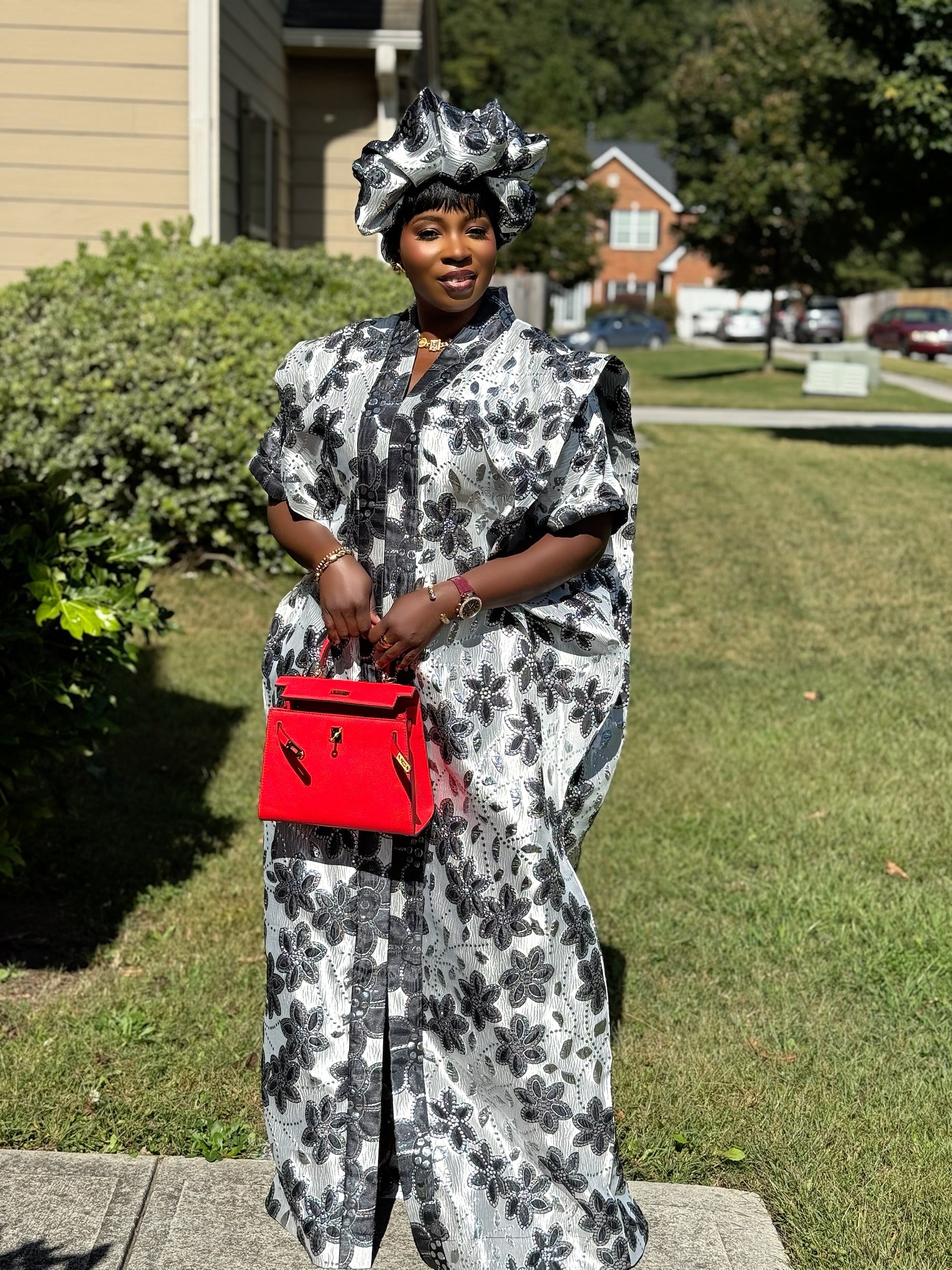 Sakina Brocade 3-Piece Bubu Set with Head Wrap & Scrunchie