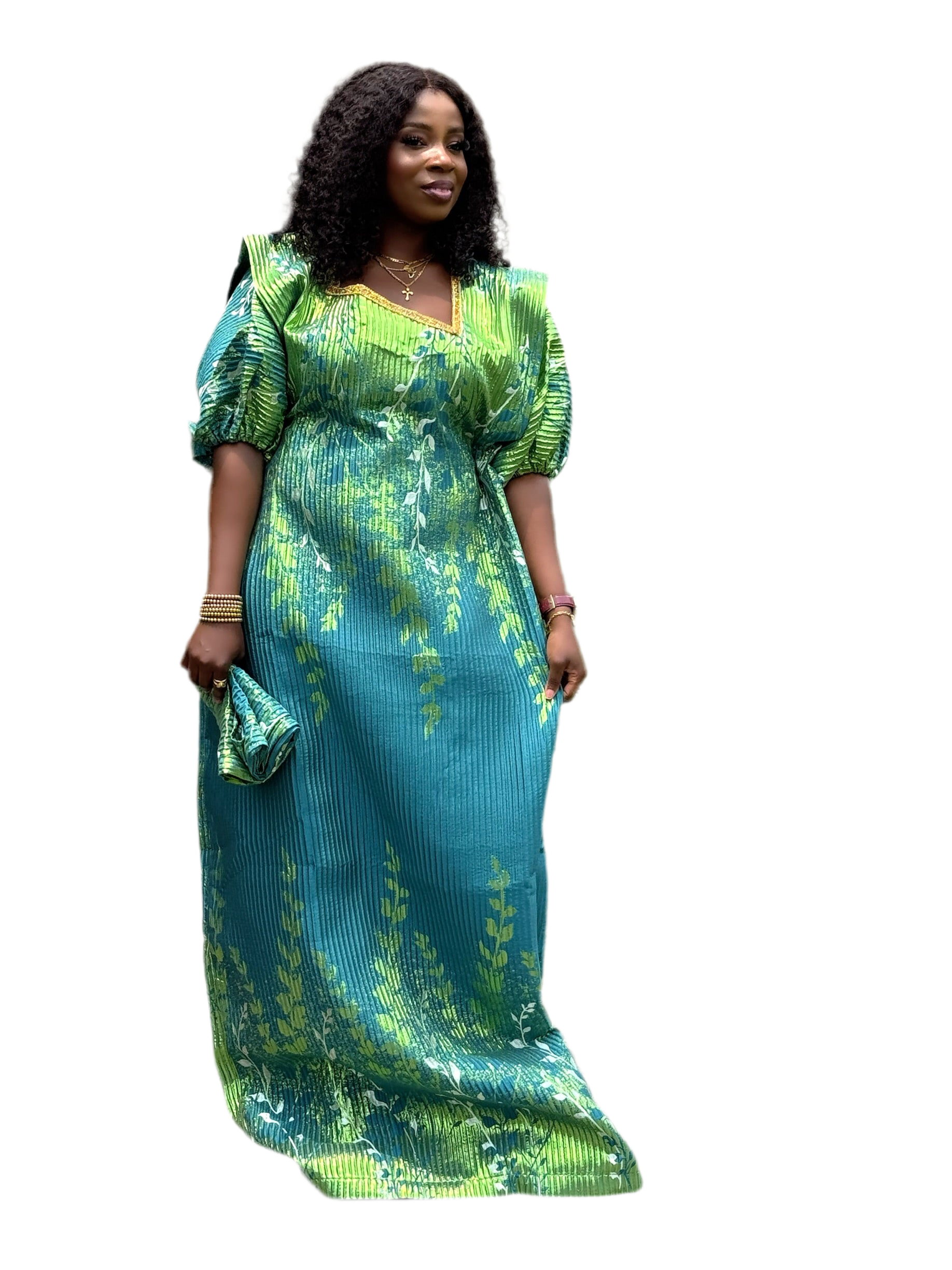 Luxury Brocade Boubou with Puff Sleeves & Headwrap – One Size Fits All
