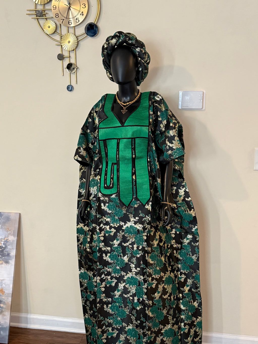 Luxury Embroidered Brocade Bubu Dress – 3-Piece African Kaftan with Head Wrap & Braided Hair Band, 62” Long