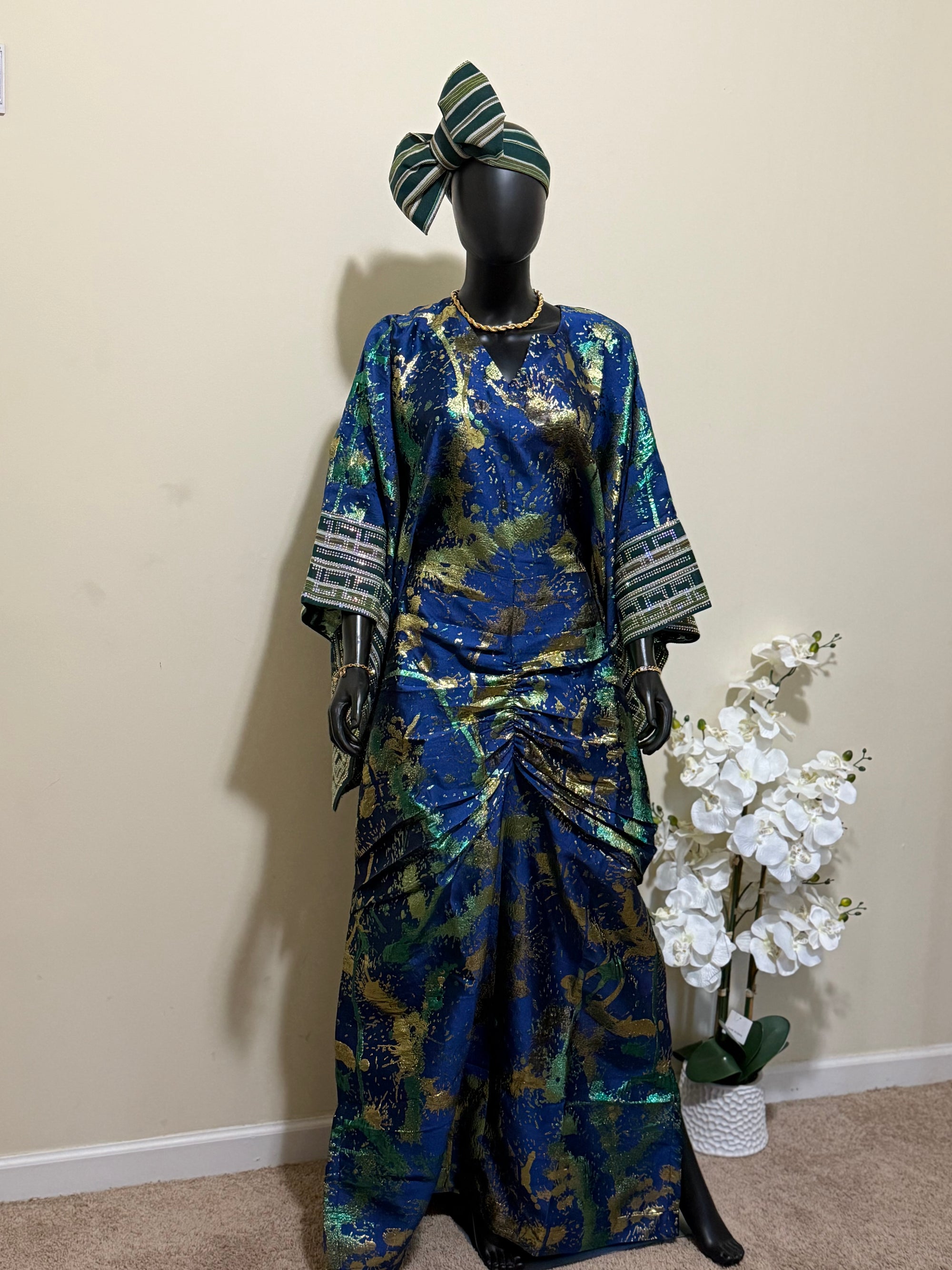 Omotola Luxe Bubu – Brocade Elegance with Beaded Aso-Oke Sleeves & Headpiece