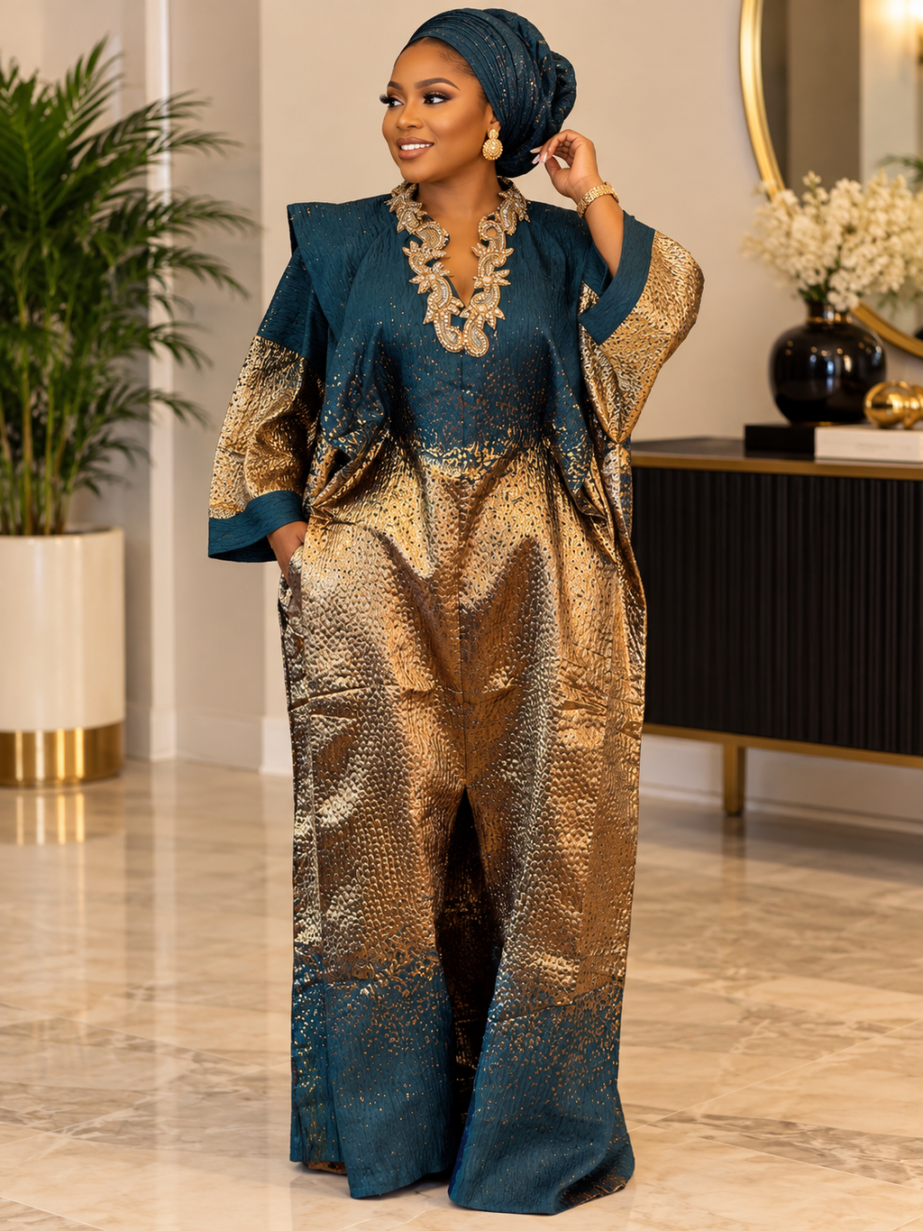 Luxury Brocade Boubou Dress with Head Wrap | Embellished African Kaftan