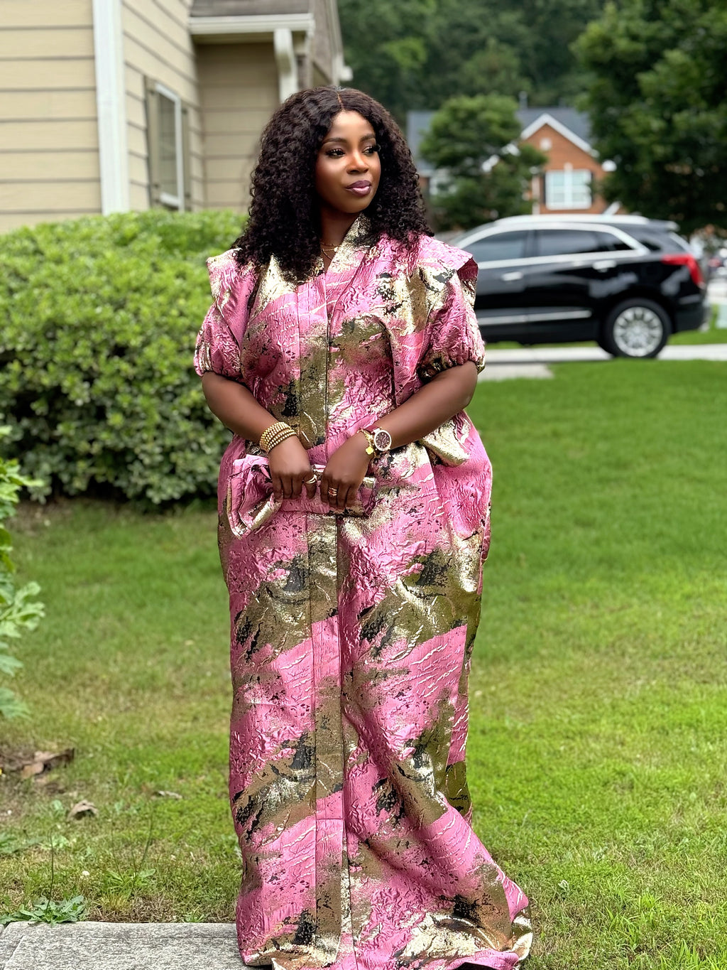 SAMIRA Elegant Brocade Bubu Set – 65” Length with Belt, Head Wrap & Scrunchie