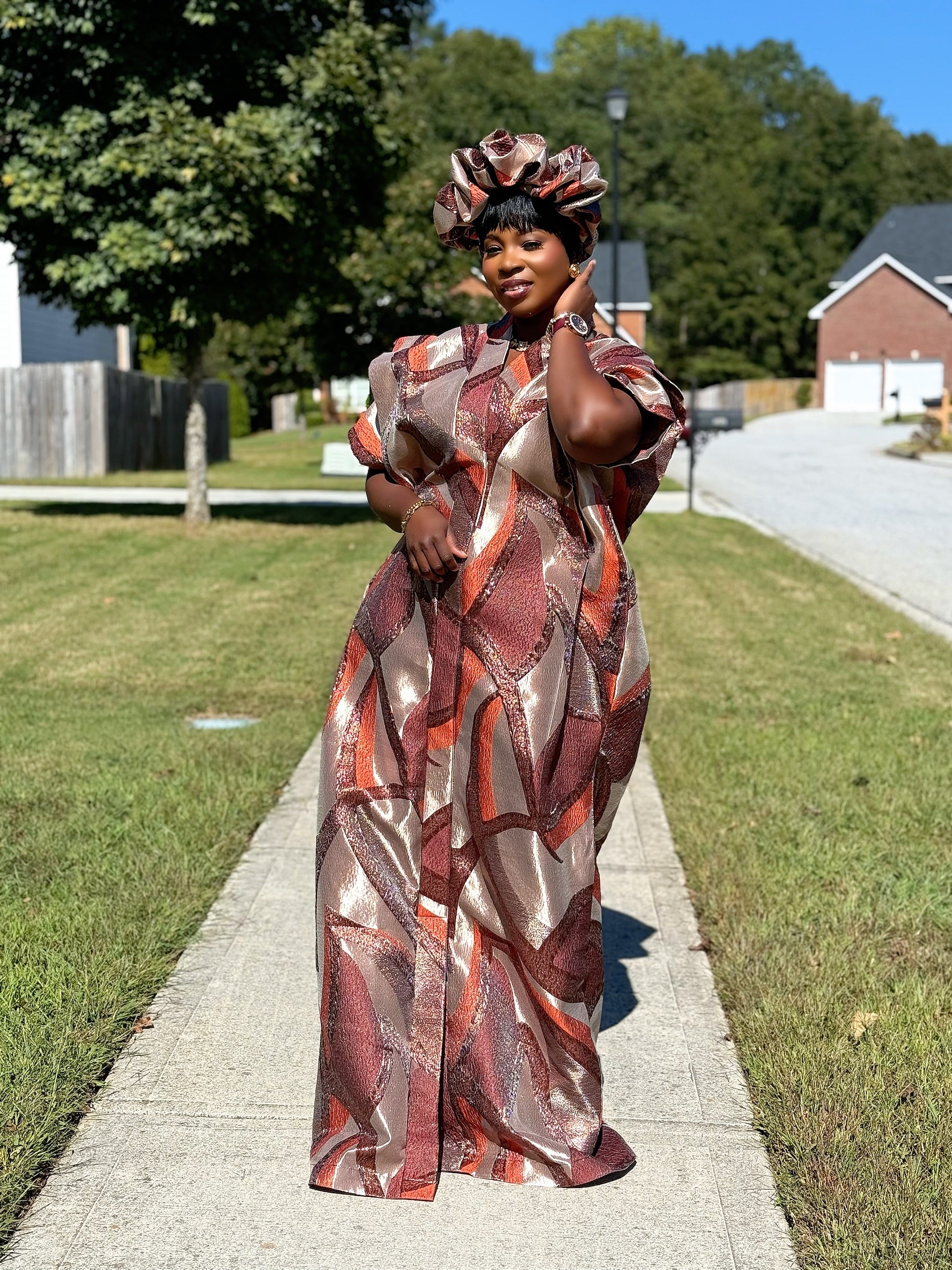 Royal Brocade 3-Piece Bubu Set with Head Wrap & Scrunchie