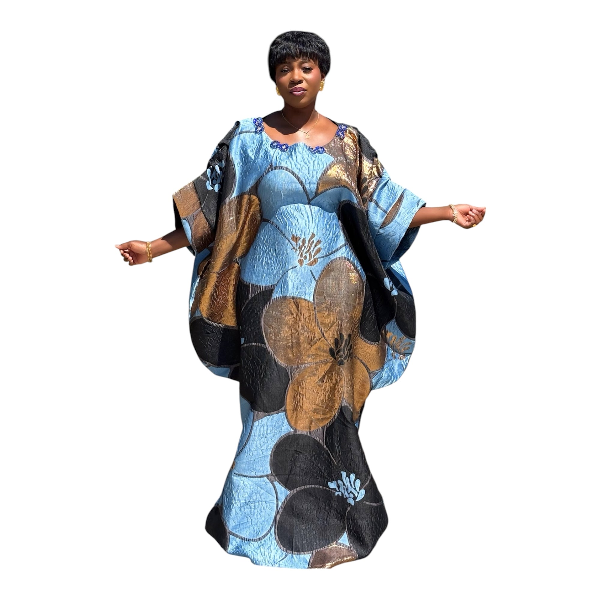 Luxury Off-Shoulder Brocade Boubou Dress with Embellished Neckline – One Size, Full Length 62