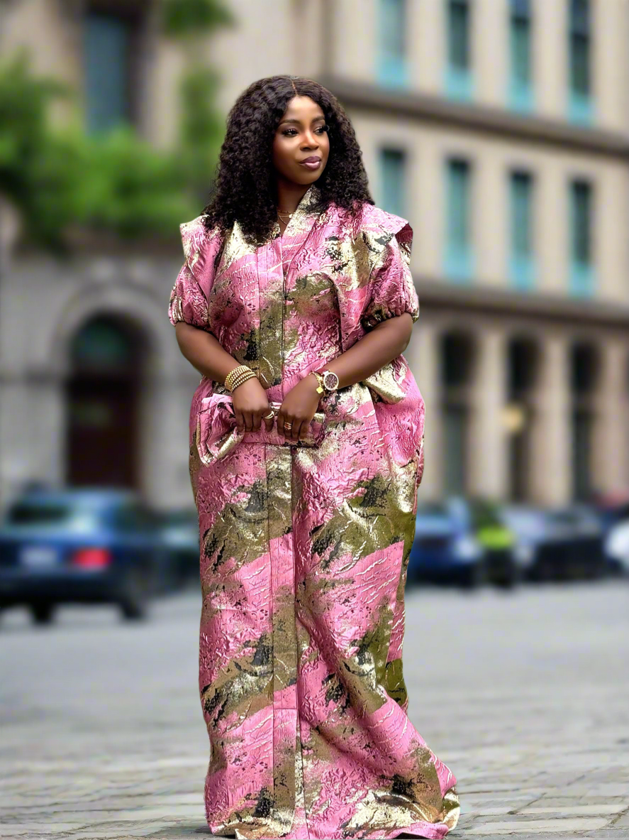 SAMIRA Elegant Brocade Bubu Set – 65” Length with Belt, Head Wrap & Scrunchie