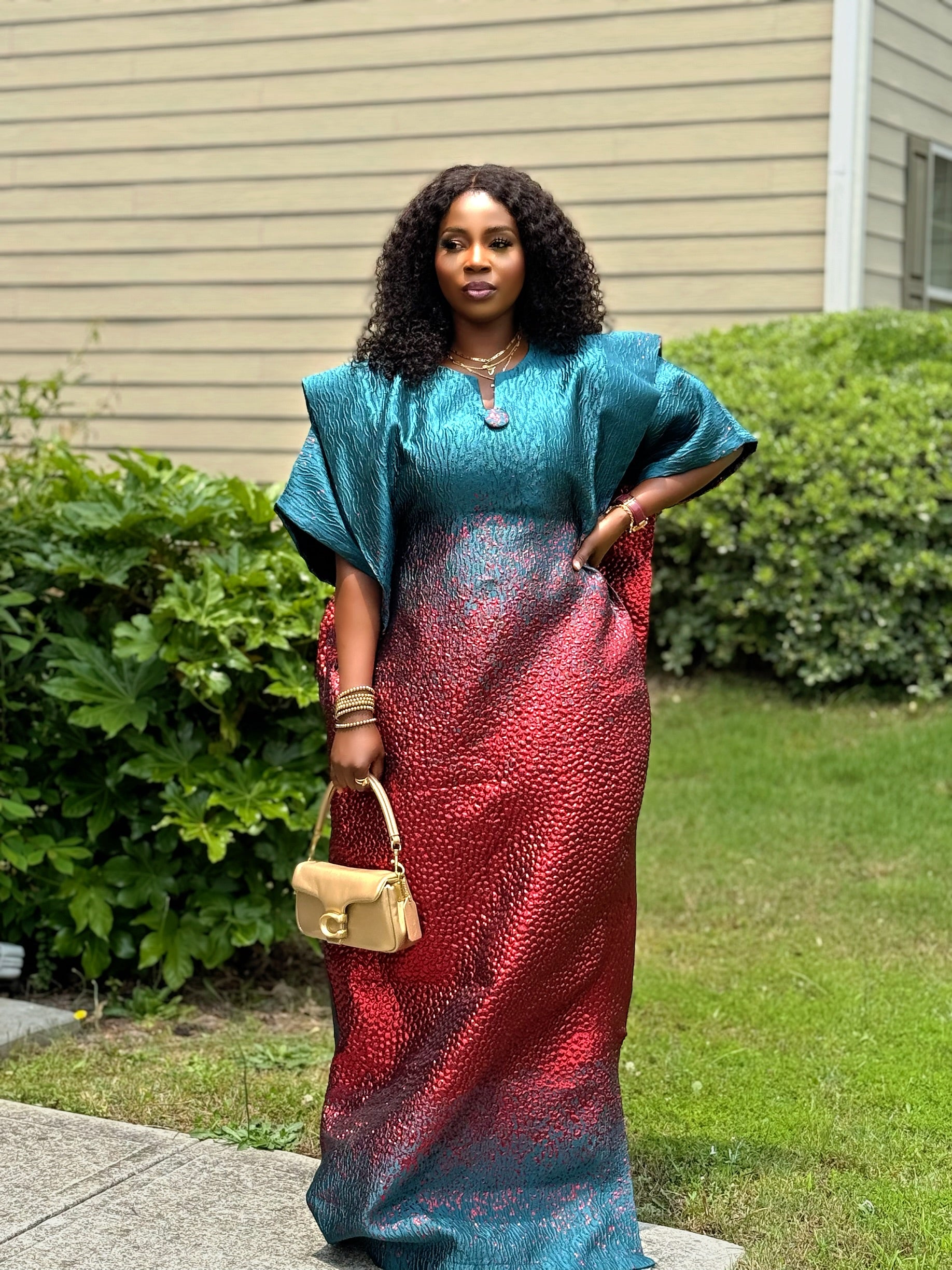 RAKIA Regal Pleated Brocade Bubu with Headscarf – Teal & Crimson Elegance