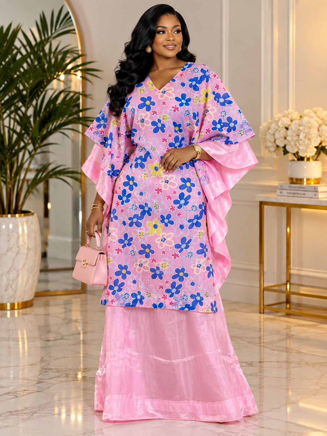 Pink Organza Overlay boubou Luxury Boubou Kaftan Dress