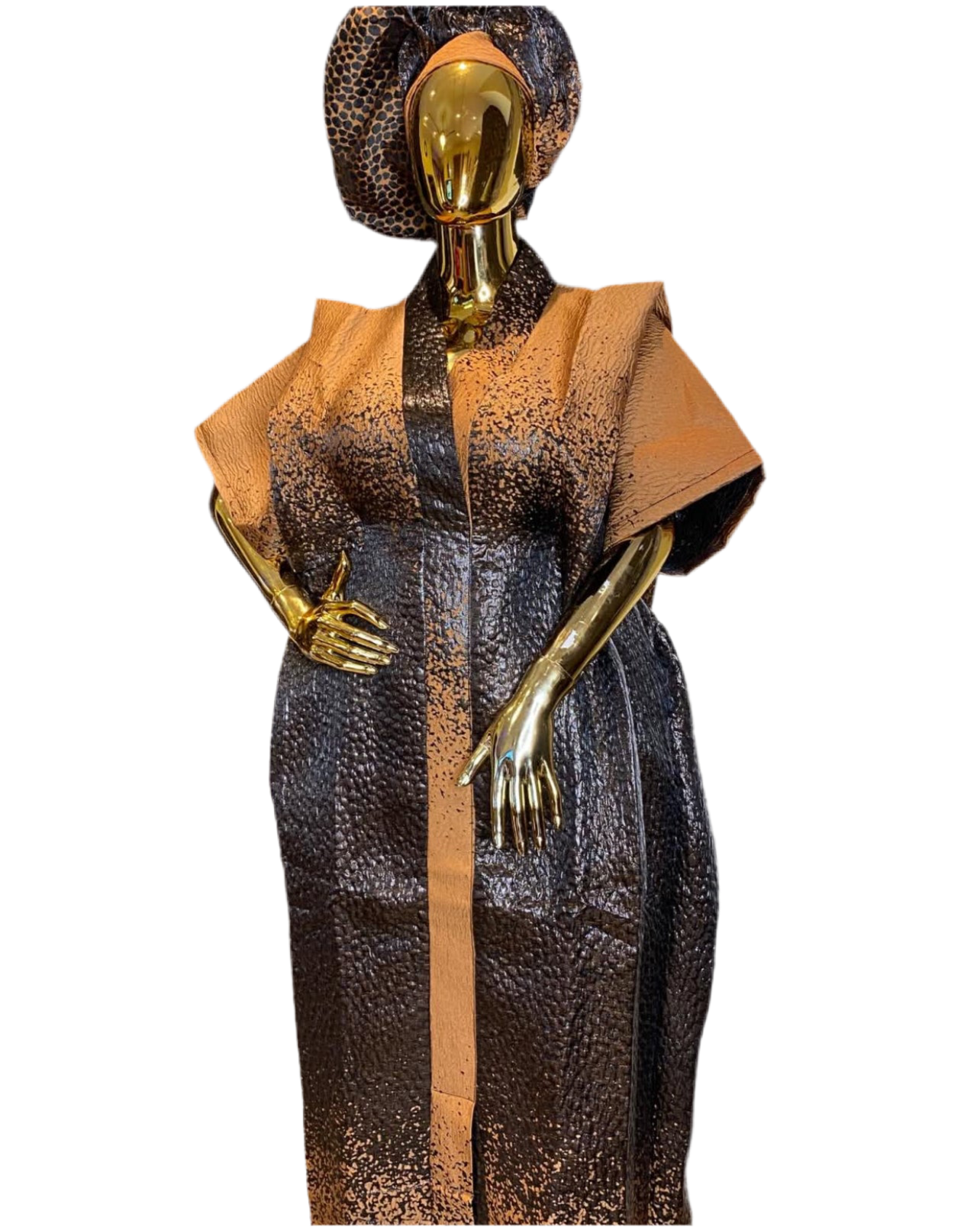 Luxury Brown Brocade Bubu Dress – 3-Piece African Kaftan with Head Wrap & Braided Hair Band, 62” Long, Side Pockets, Inner Belt