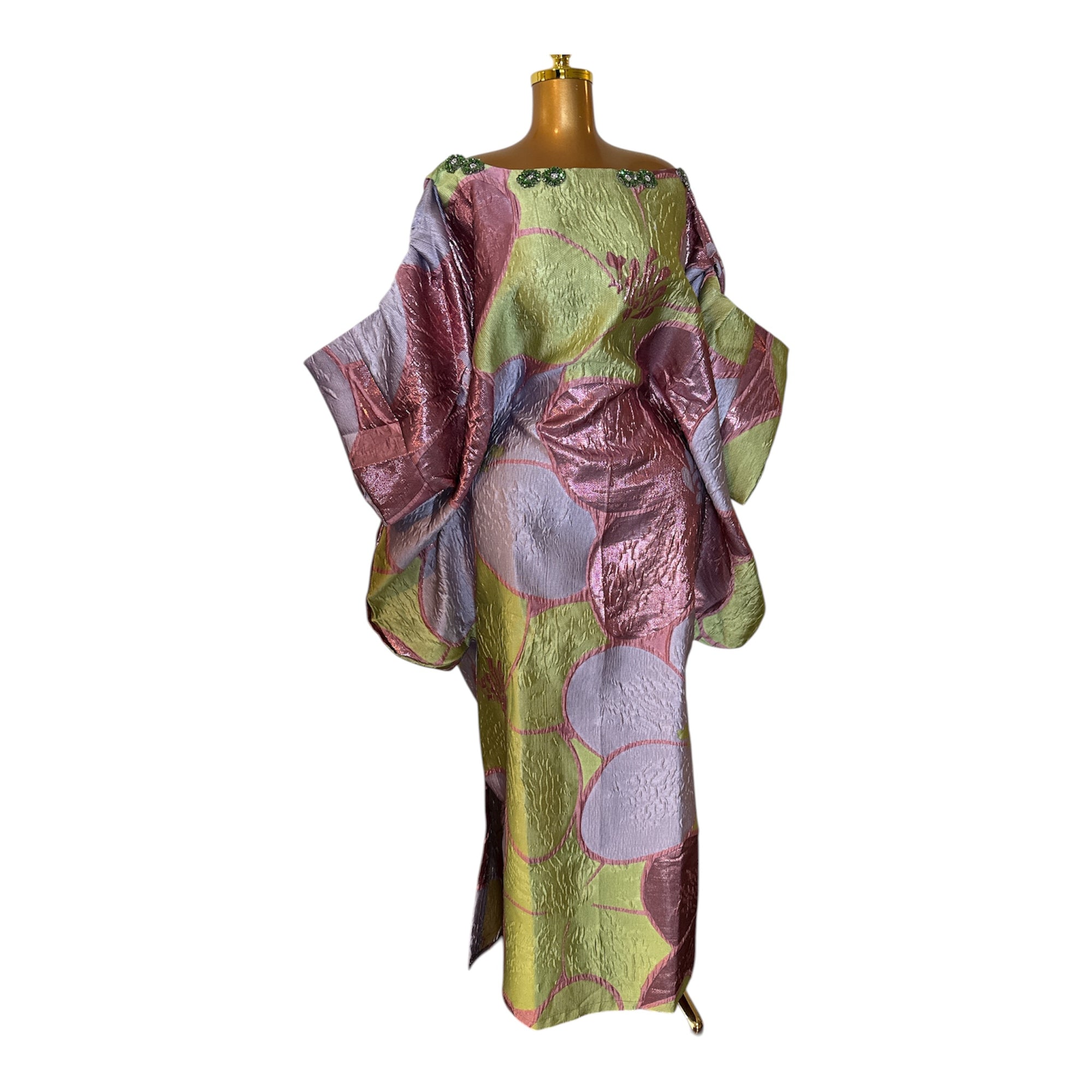 Luxury Off-Shoulder Brocade Boubou Dress with Embellished Neckline – One Size, Full Length 62