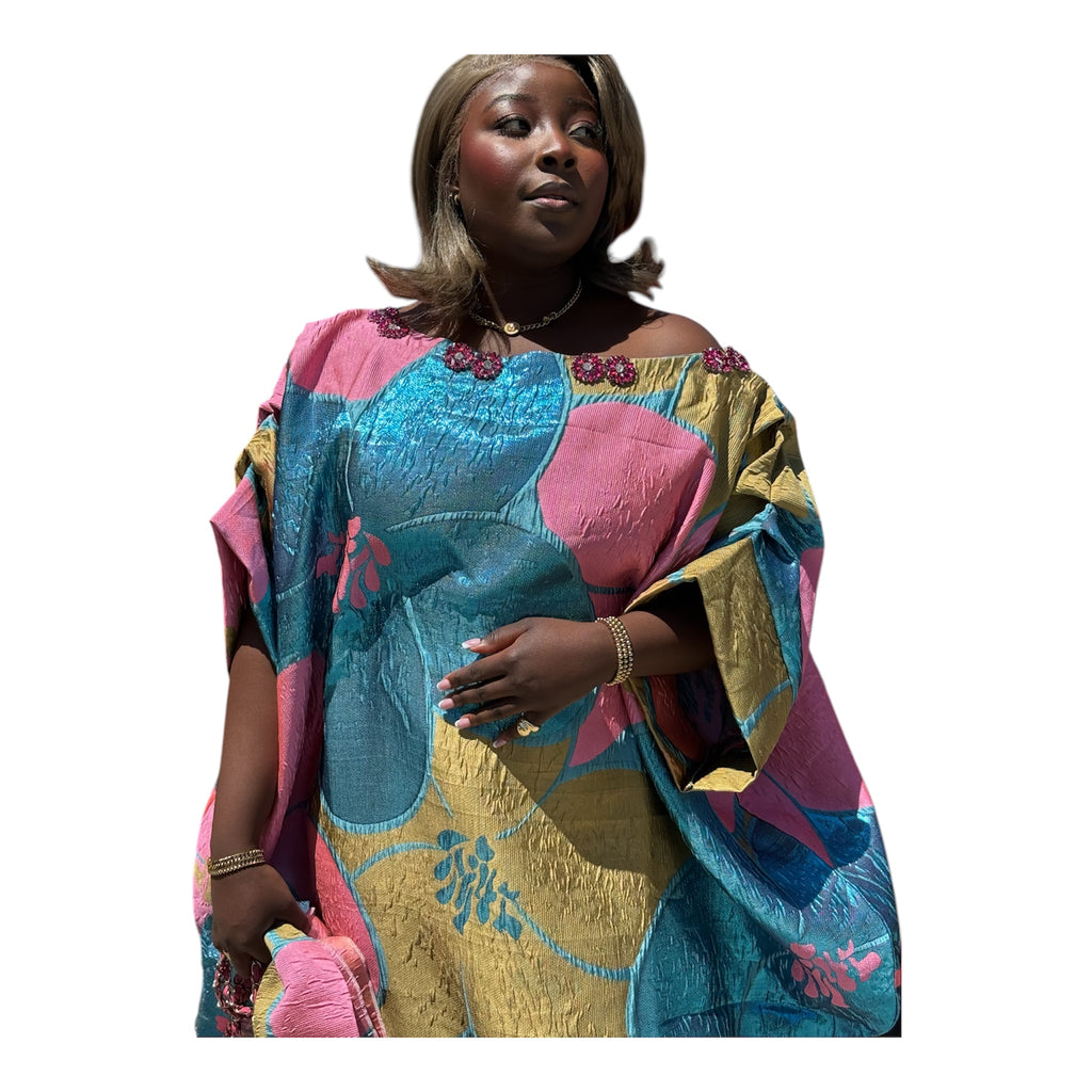 Luxury Off-Shoulder Brocade Boubou Dress with Embellished Neckline – One Size, Full Length 62